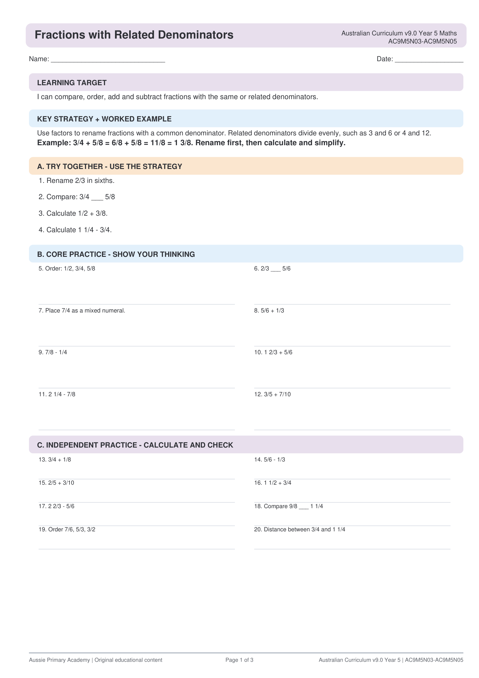 Year 5 Maths Fractions Related Denominators worksheet preview