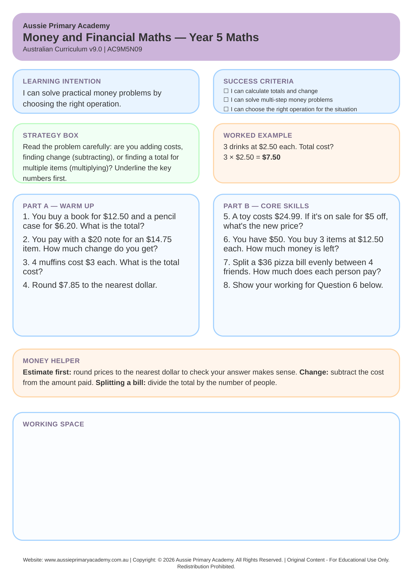 Money Financial Maths worksheet preview