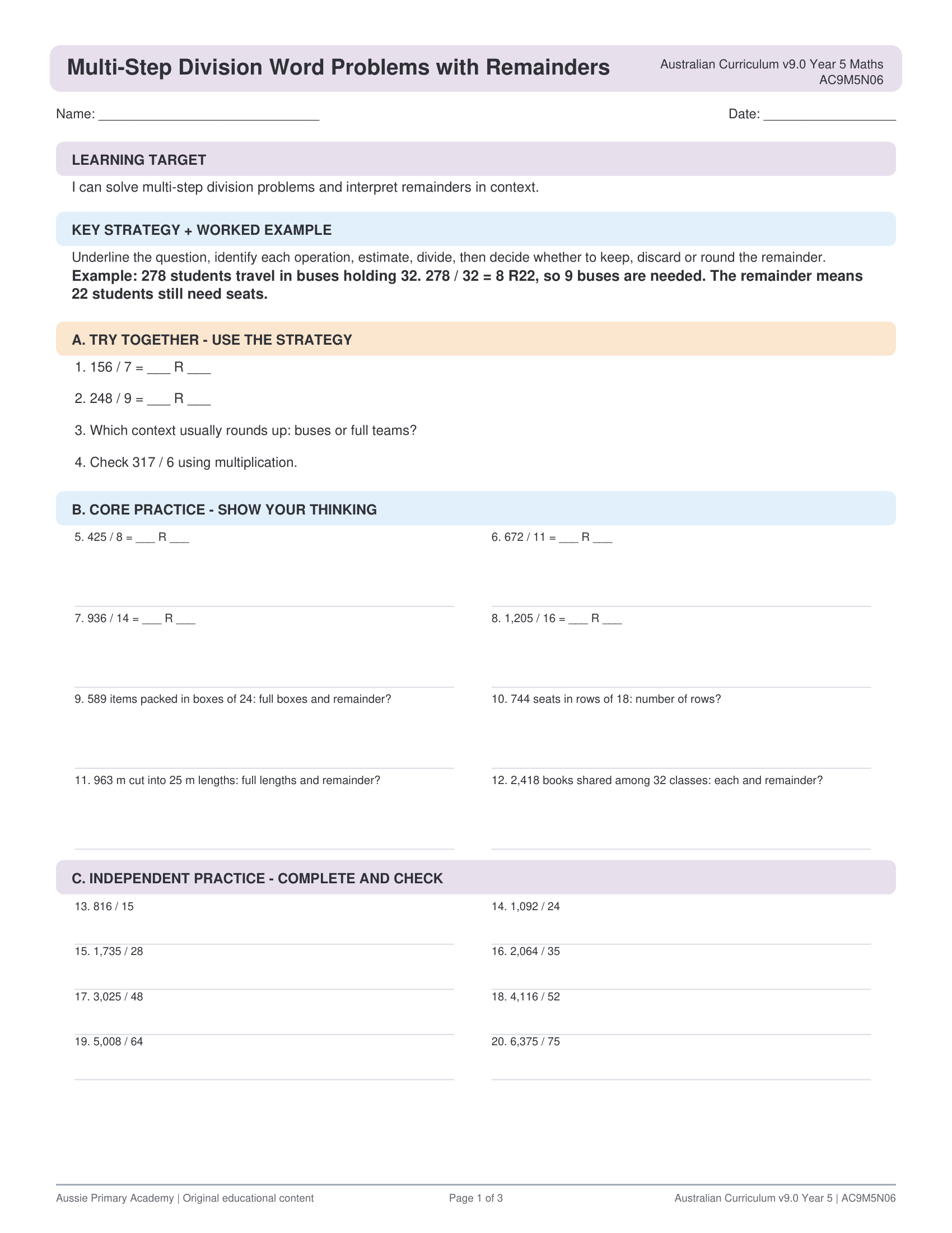 Multi Step Division Word Problems Remainders worksheet preview