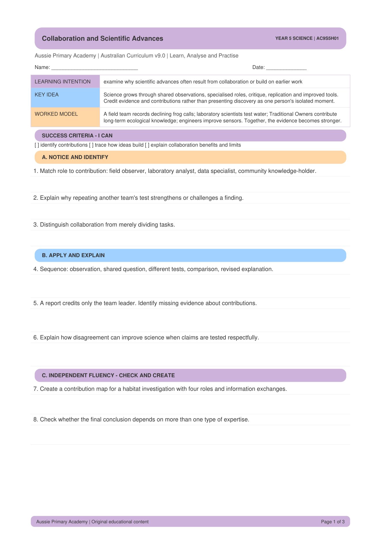 Collaboration and Scientific Advances Year 5 Science worksheet preview
