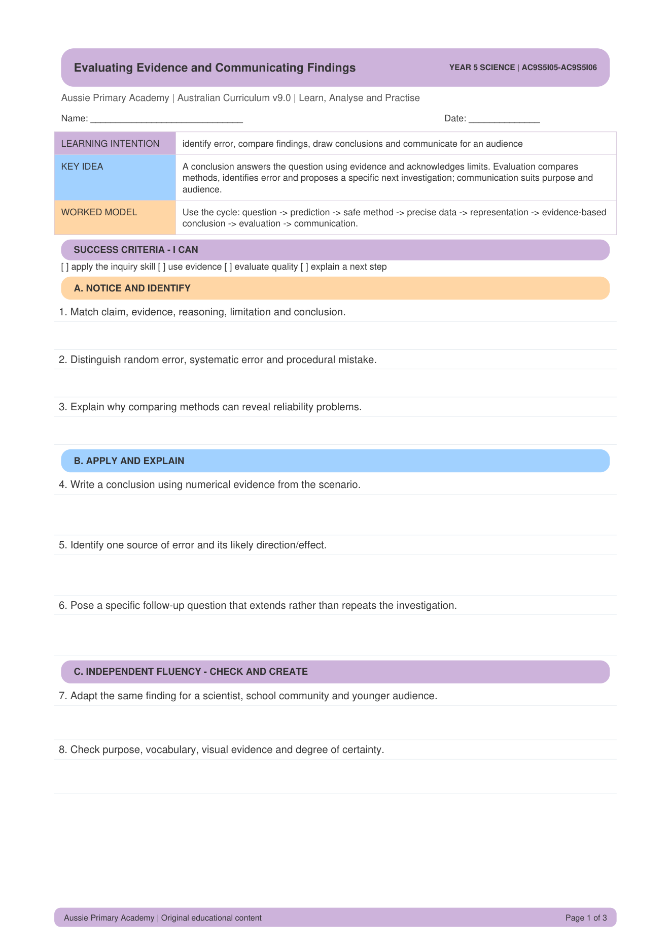 Evaluating Evidence and Communicating Findings worksheet preview