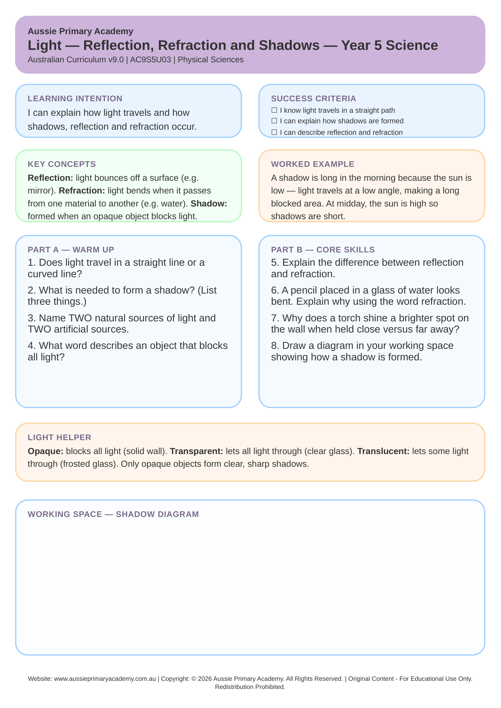 Light: Reflection, Refraction and Shadows Year 5 Science worksheet preview