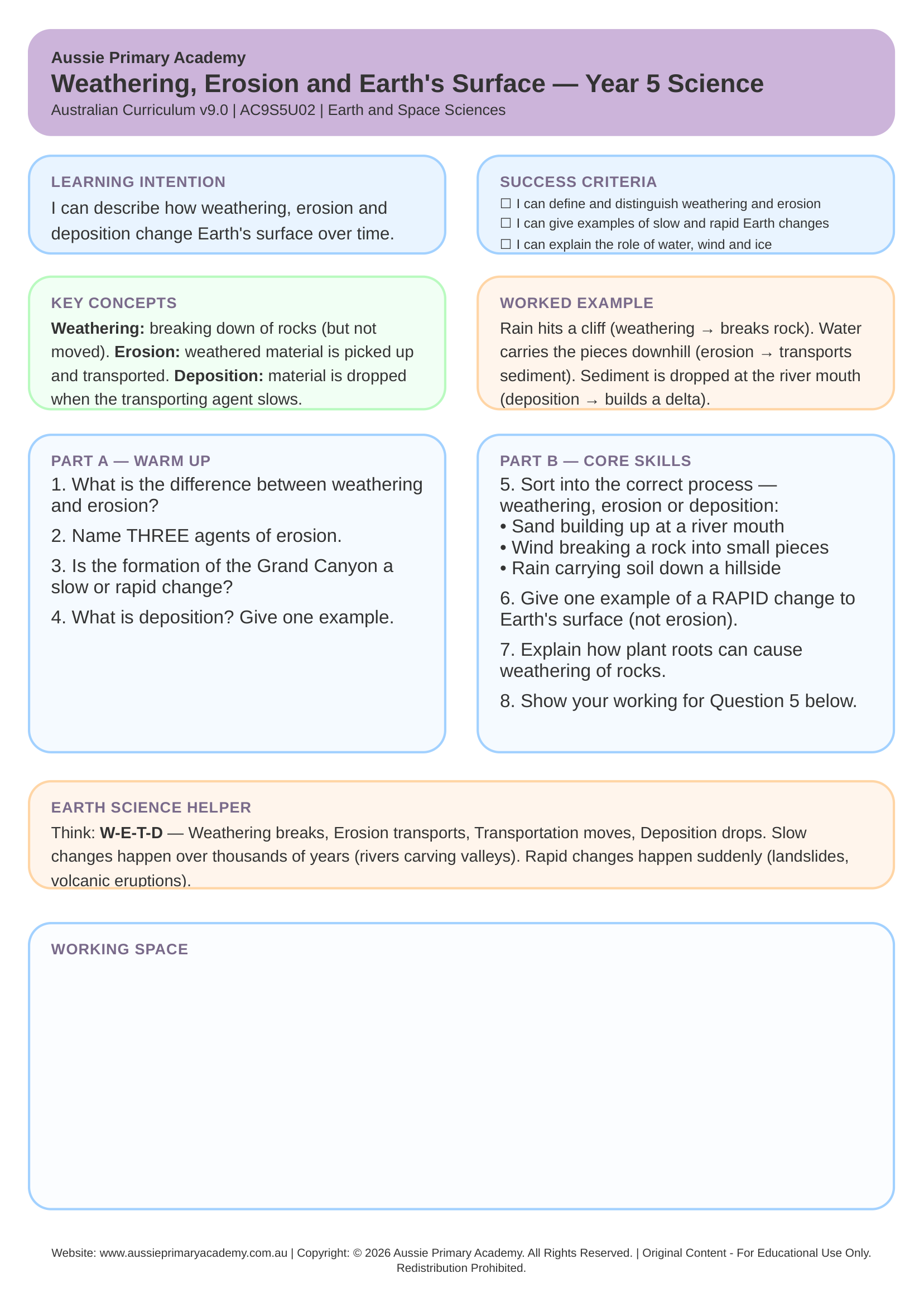 Weathering, Erosion and Earth's Surface Year 5 Science worksheet preview