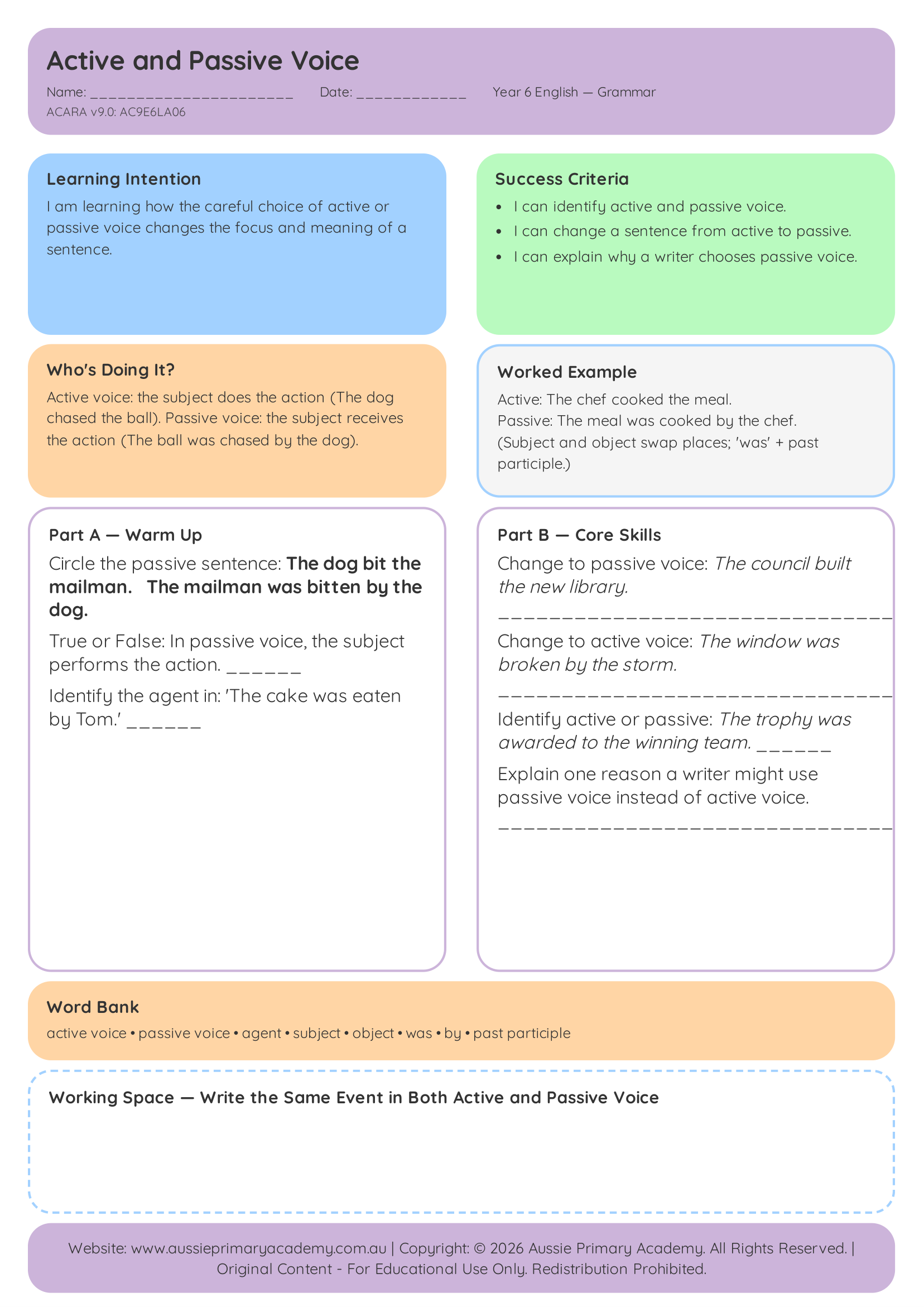 Active And Passive Voice Pdf Colour With Answers worksheet preview