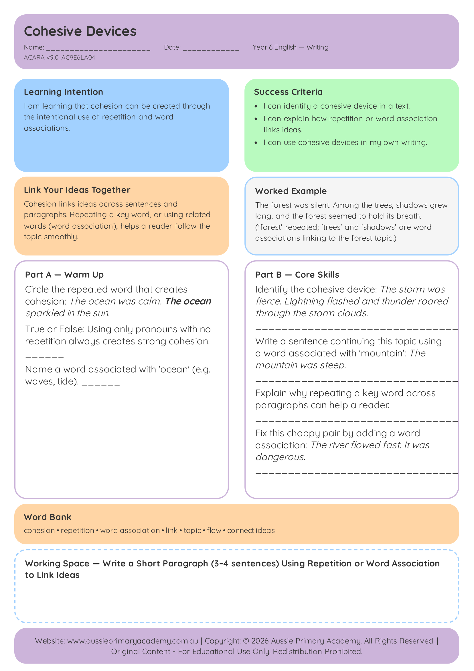 Cohesive Devices Pdf Colour With Answers worksheet preview