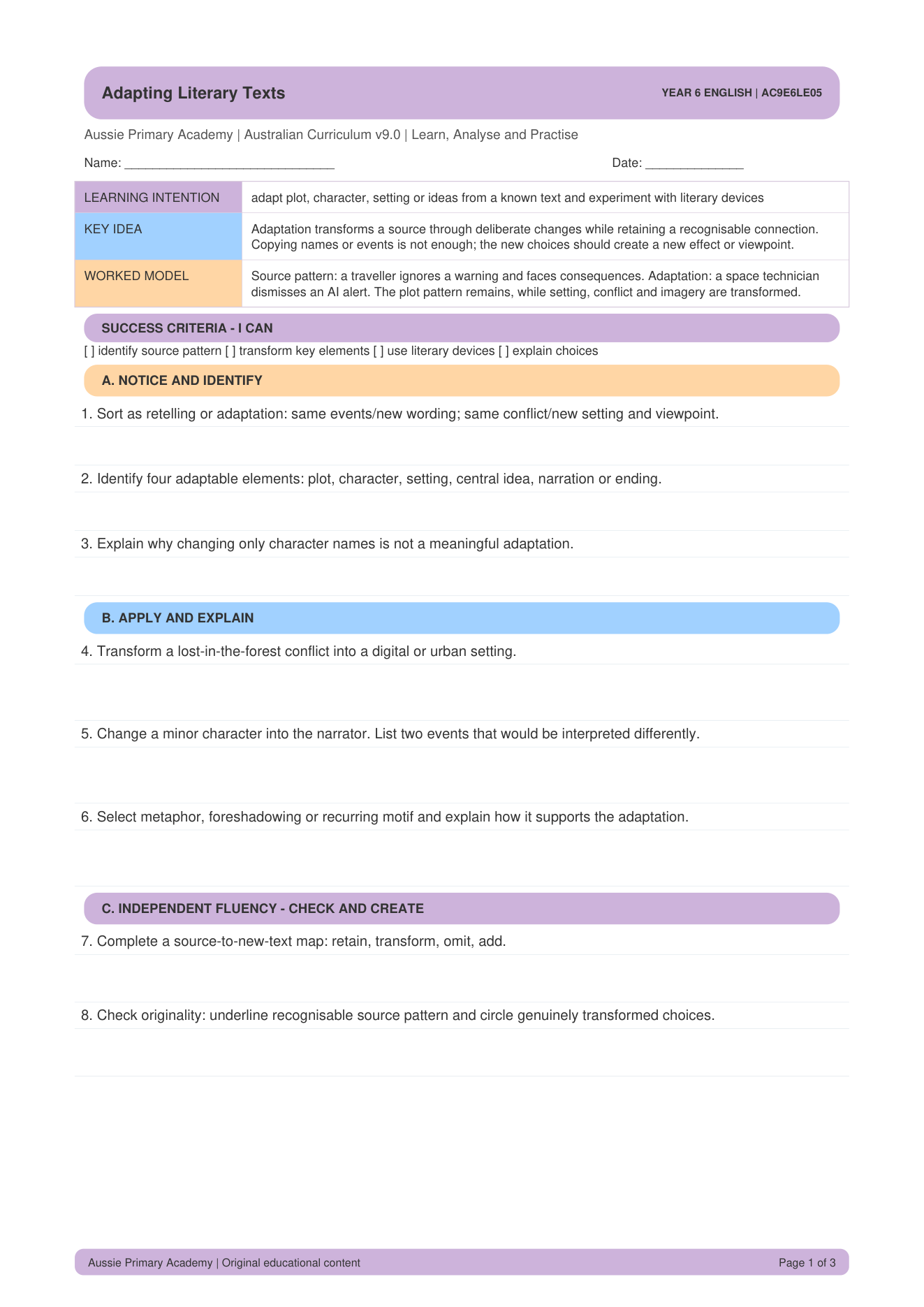 Adapting Literary Texts Literary Devices worksheet preview