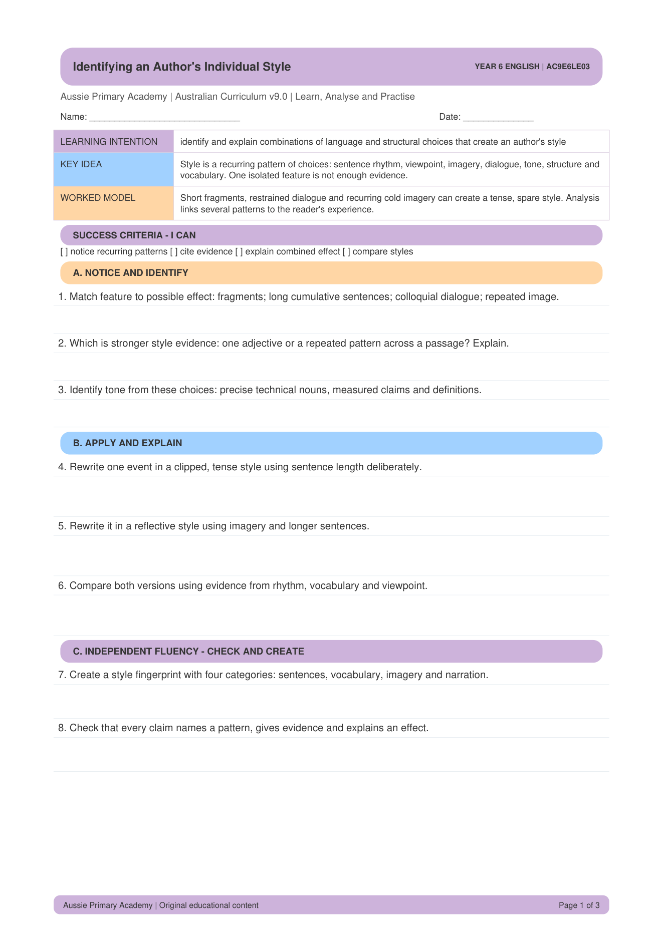 Authors Individual Style worksheet preview