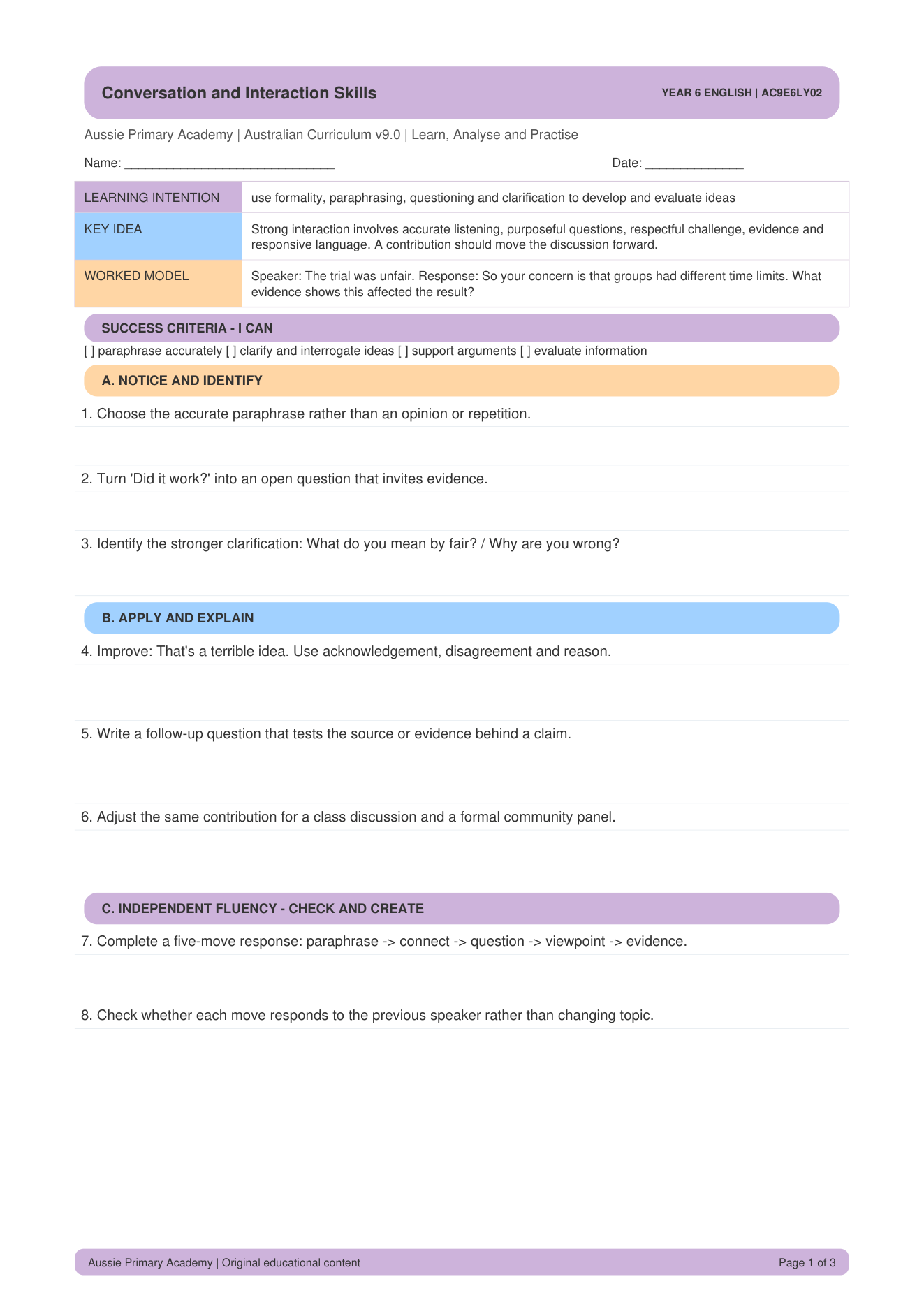 Conversation Interaction Skills worksheet preview