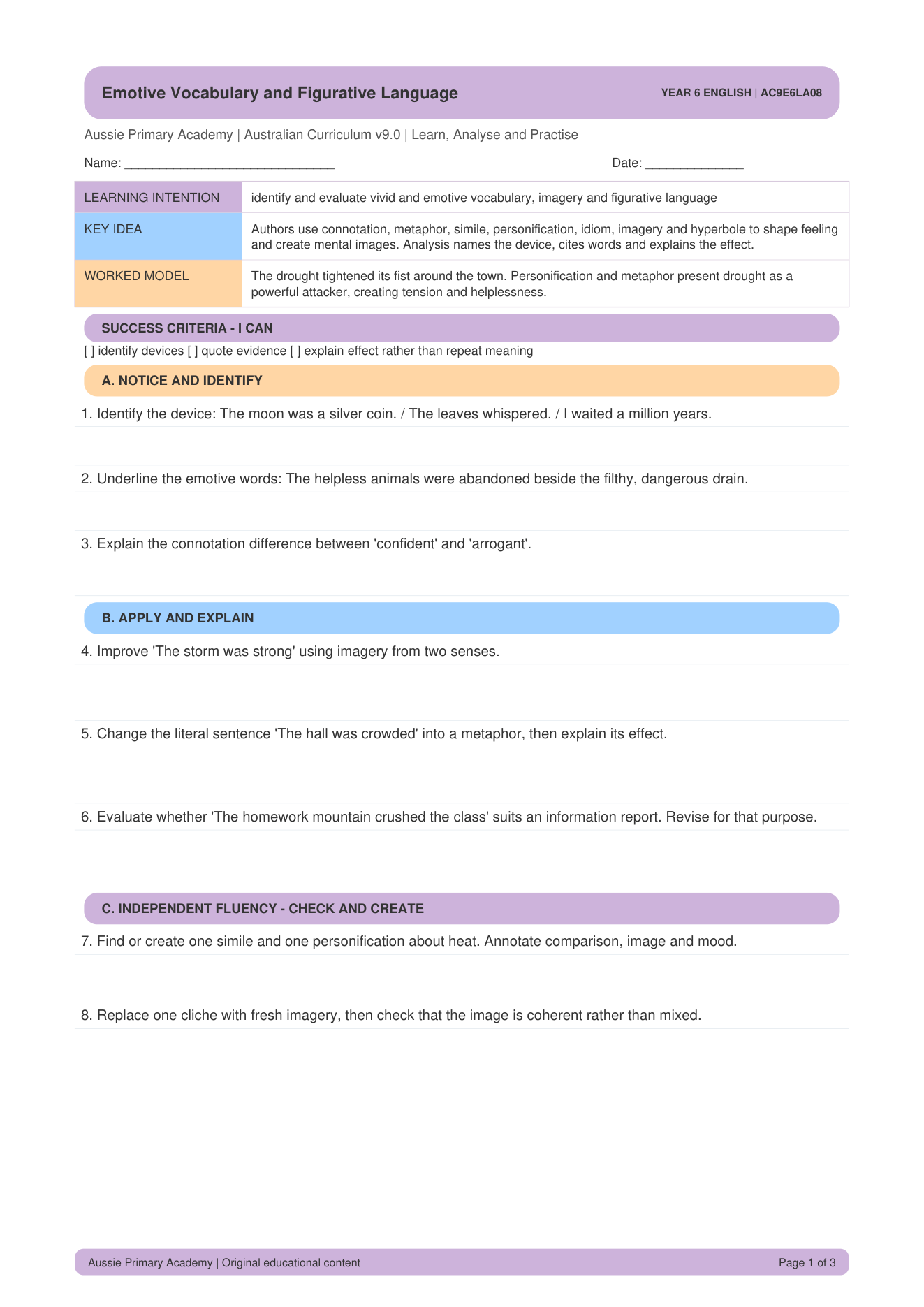 Emotive Vocabulary Figurative Language worksheet preview