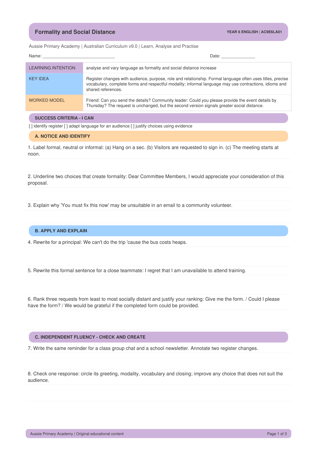Formal Informal Language Social Distance worksheet preview