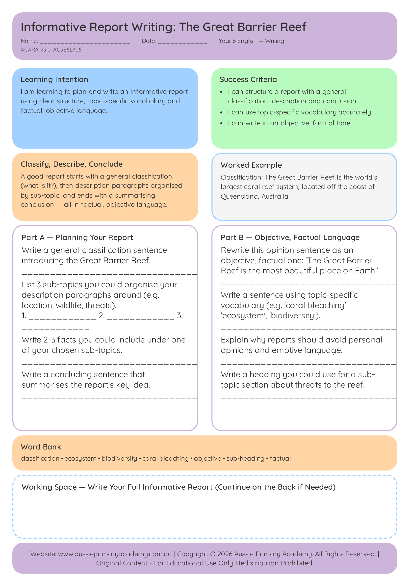 Informative Report Writing: The Great Barrier Reef Preview