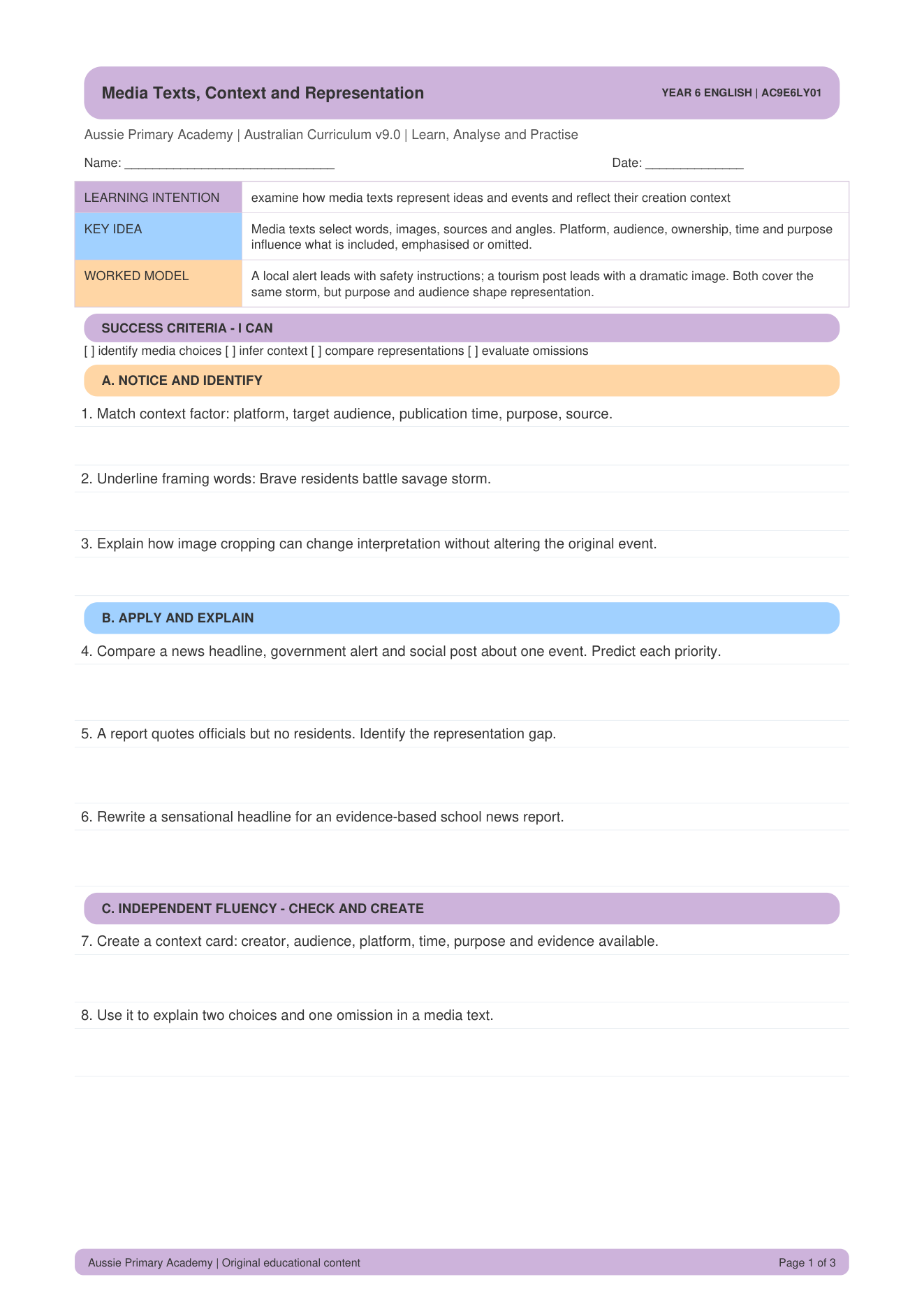 Media Texts Context Representation worksheet preview