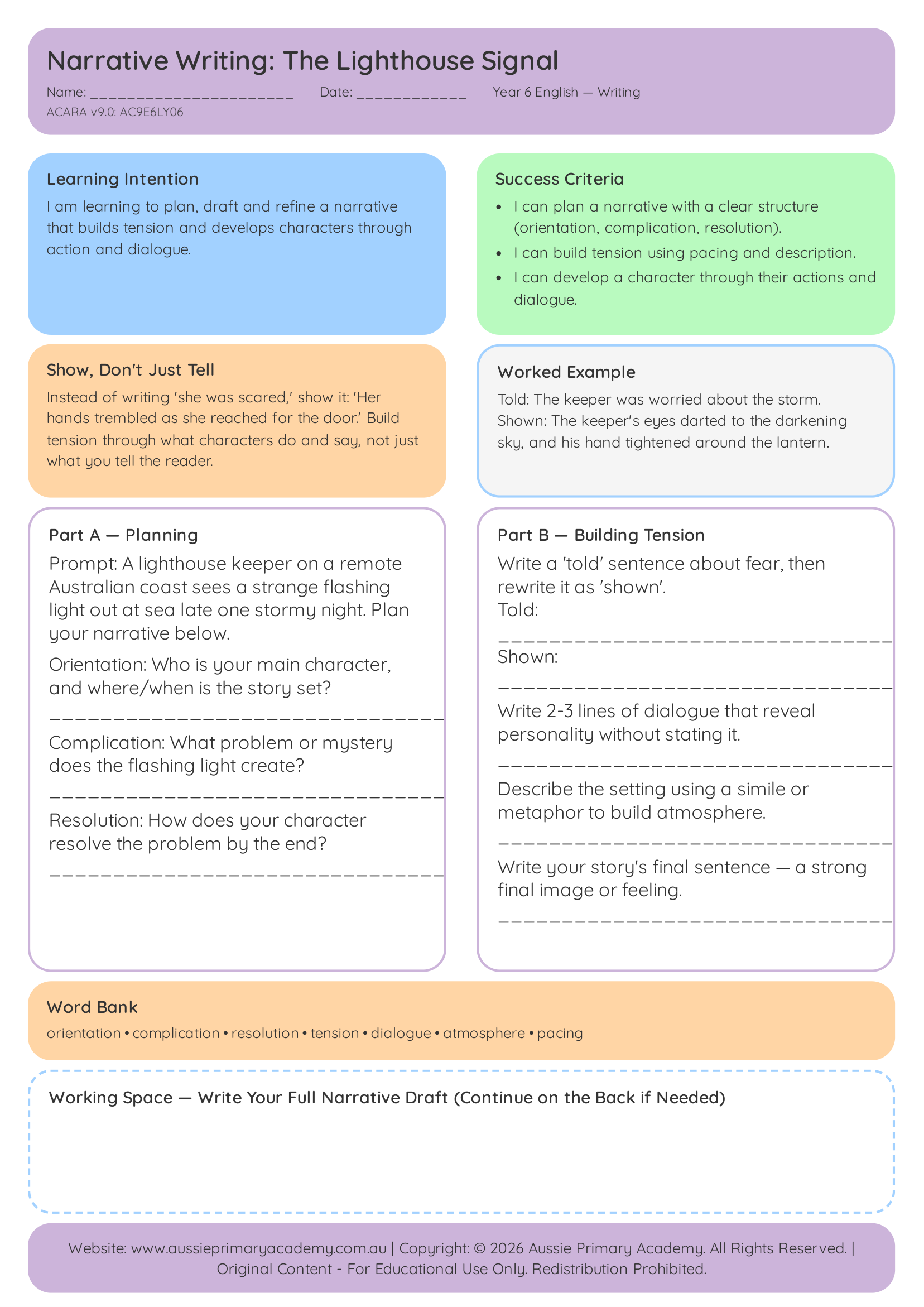 Narrative Writing The Lighthouse Signal Ac9E6Ly06 Colour worksheet preview