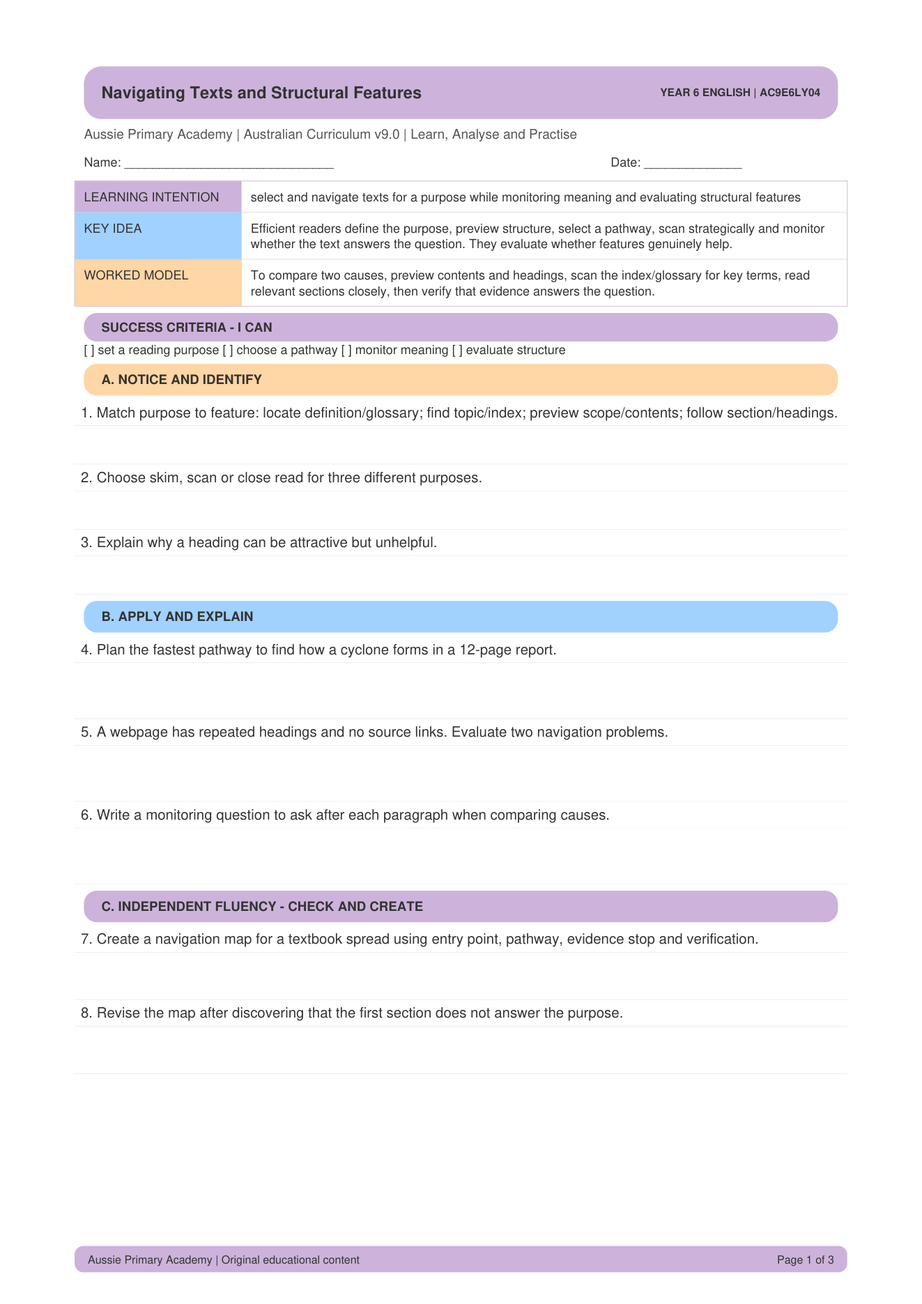 Navigating Texts Structural Features worksheet preview