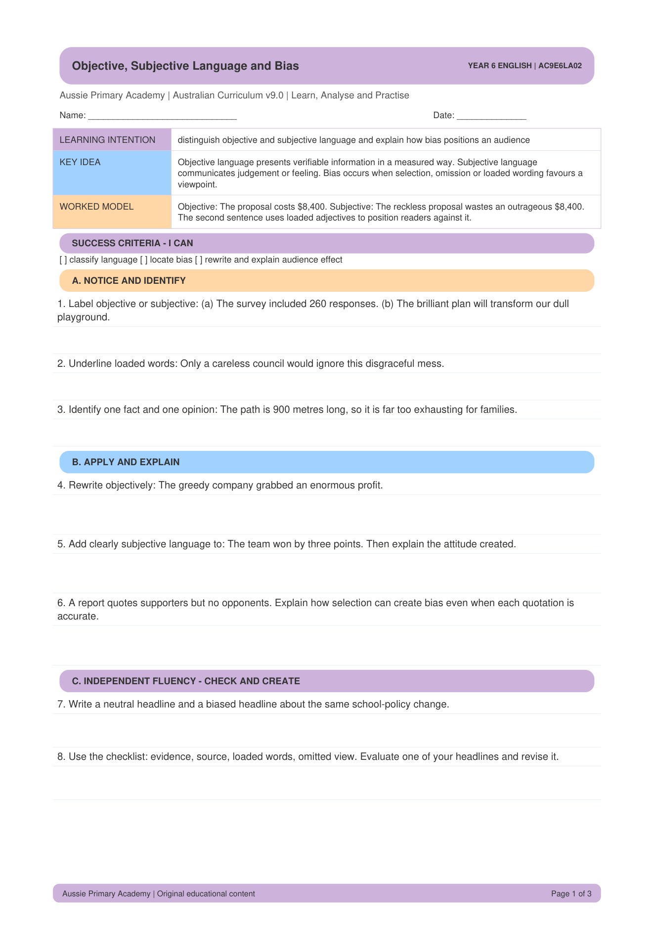 Objective Subjective Language Bias worksheet preview