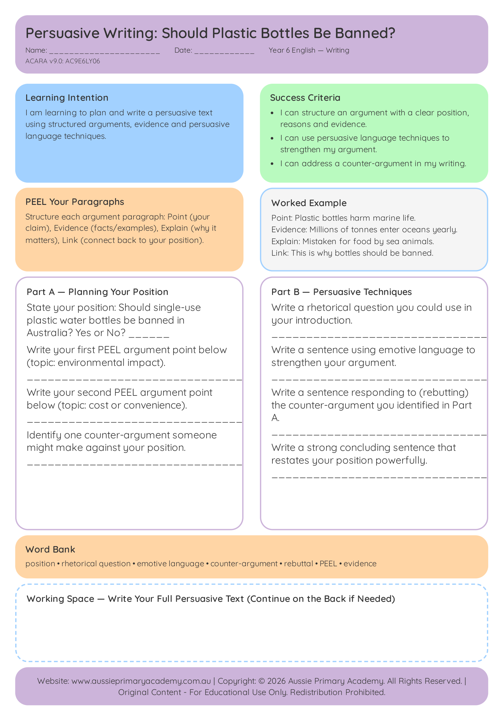 Persuasive Writing Should Plastic Bottles Be Banned Ac9E6Ly06 Colour worksheet preview