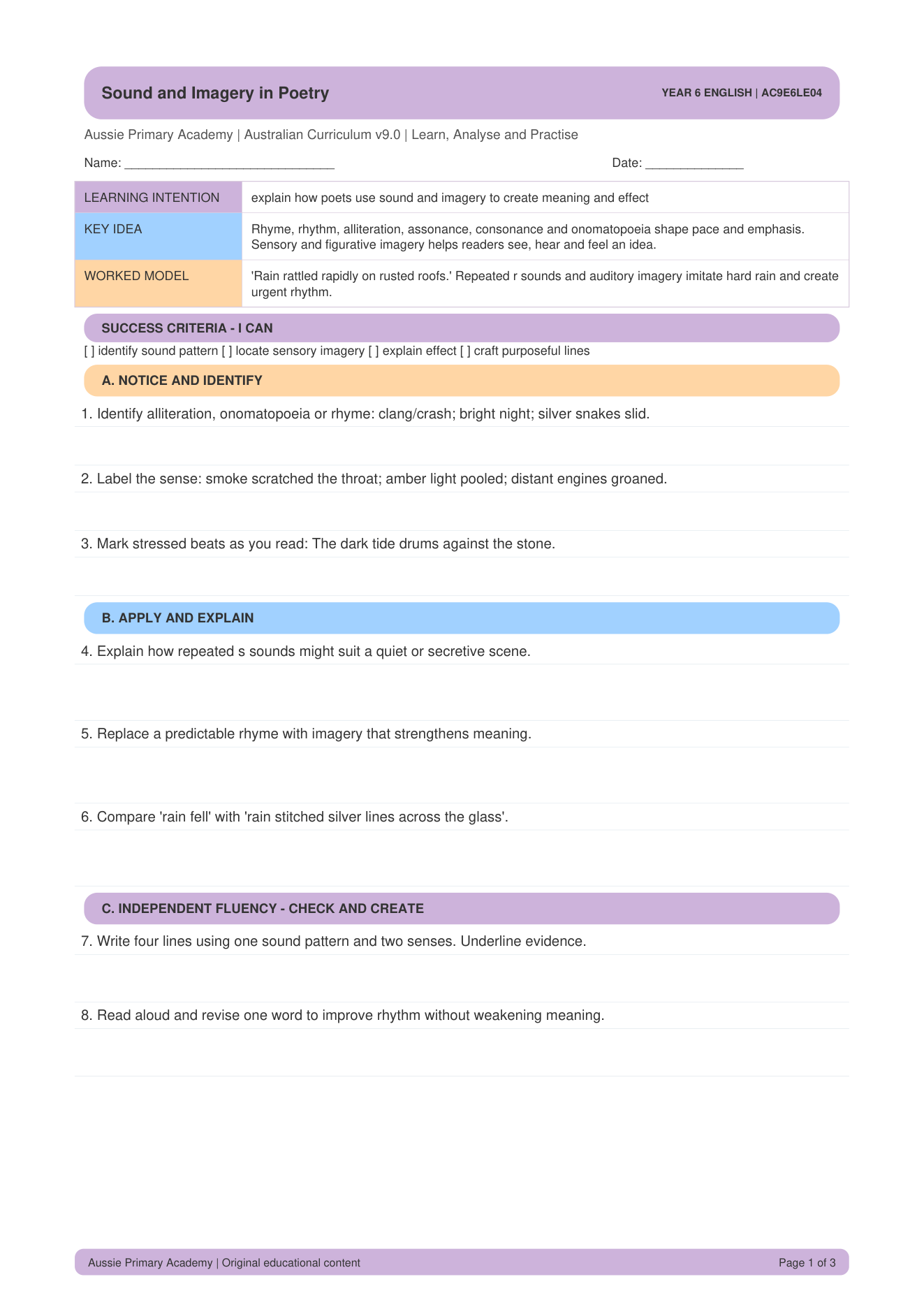 Poetry Sound Imagery worksheet preview