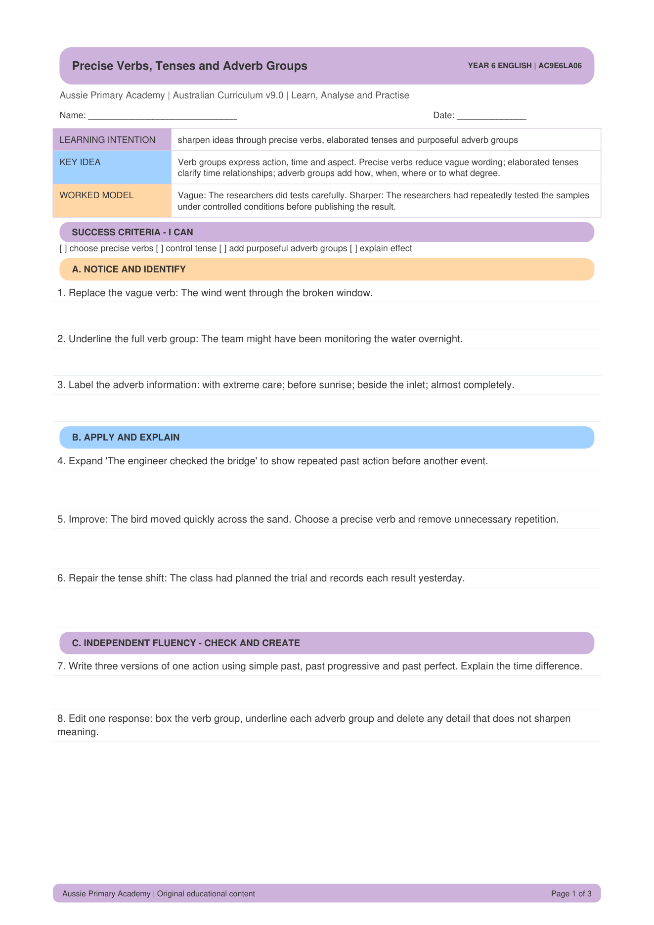 Precise Verbs Elaborated Tenses Adverb Groups worksheet preview