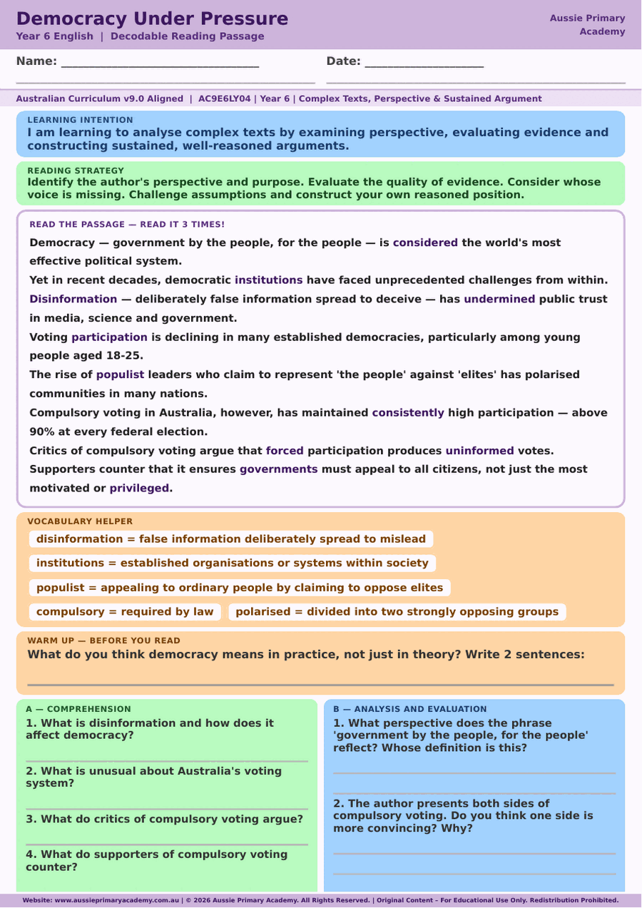 Year 6 Democracy Under Pressure reading comprehension worksheet preview