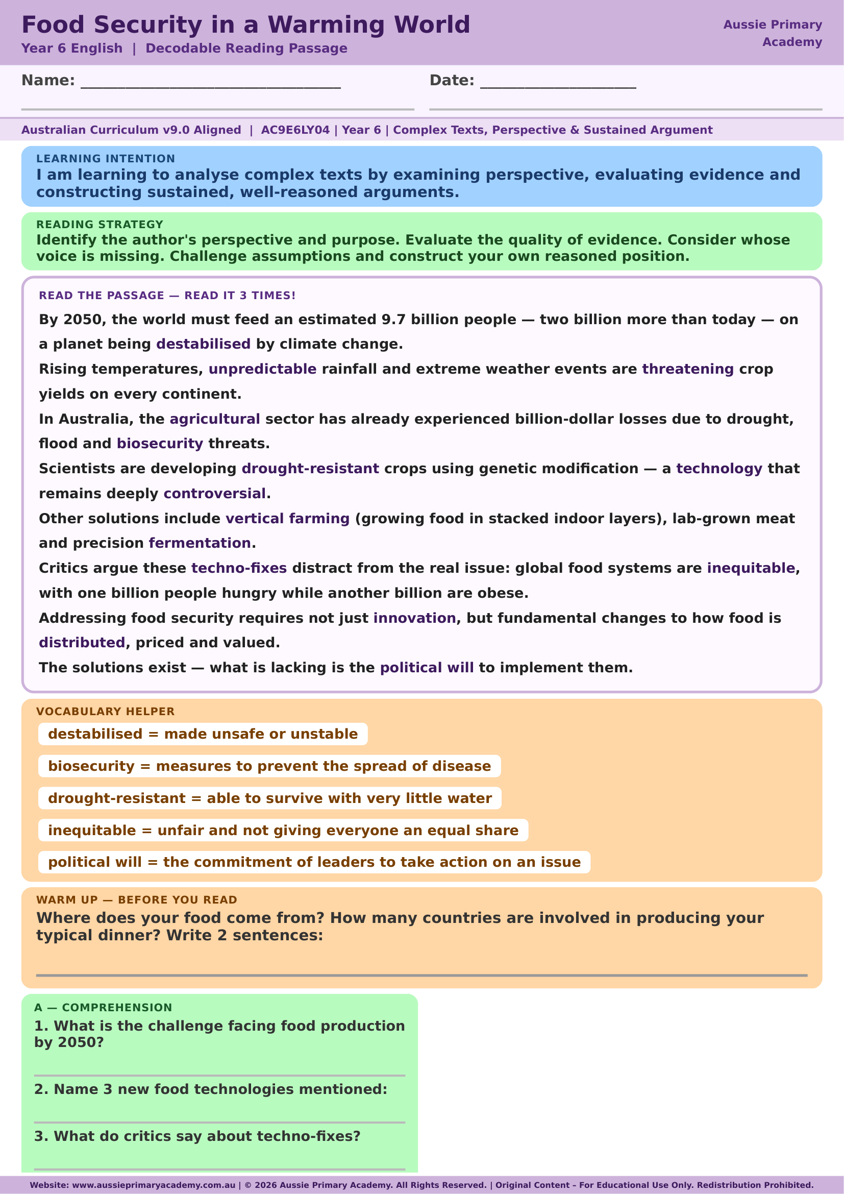 Year 6 Food Security reading comprehension worksheet preview