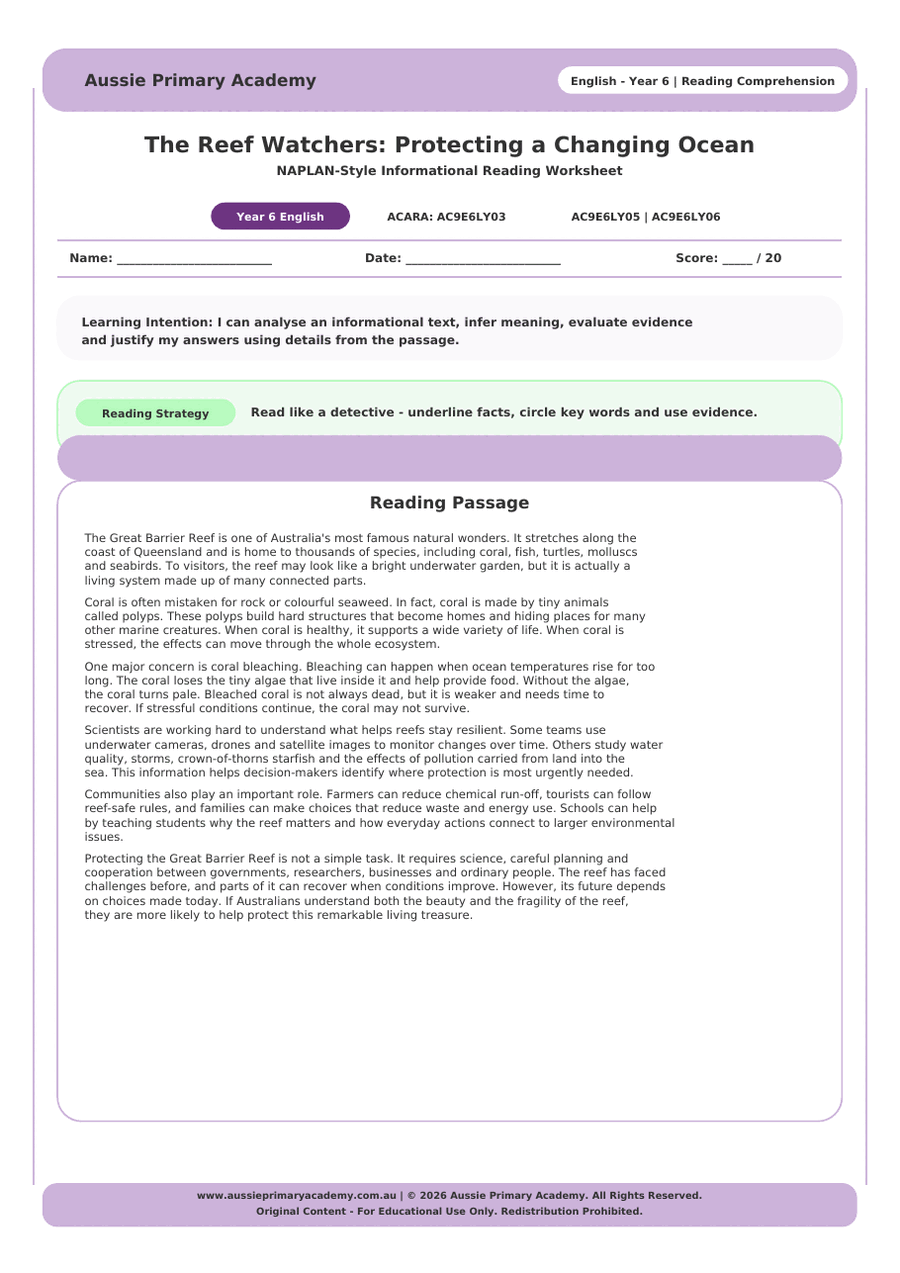 Reading Comprehension Great Barrier Reef Under Pressure Ac9E6Ly03 Ac9E6Ly05 worksheet preview