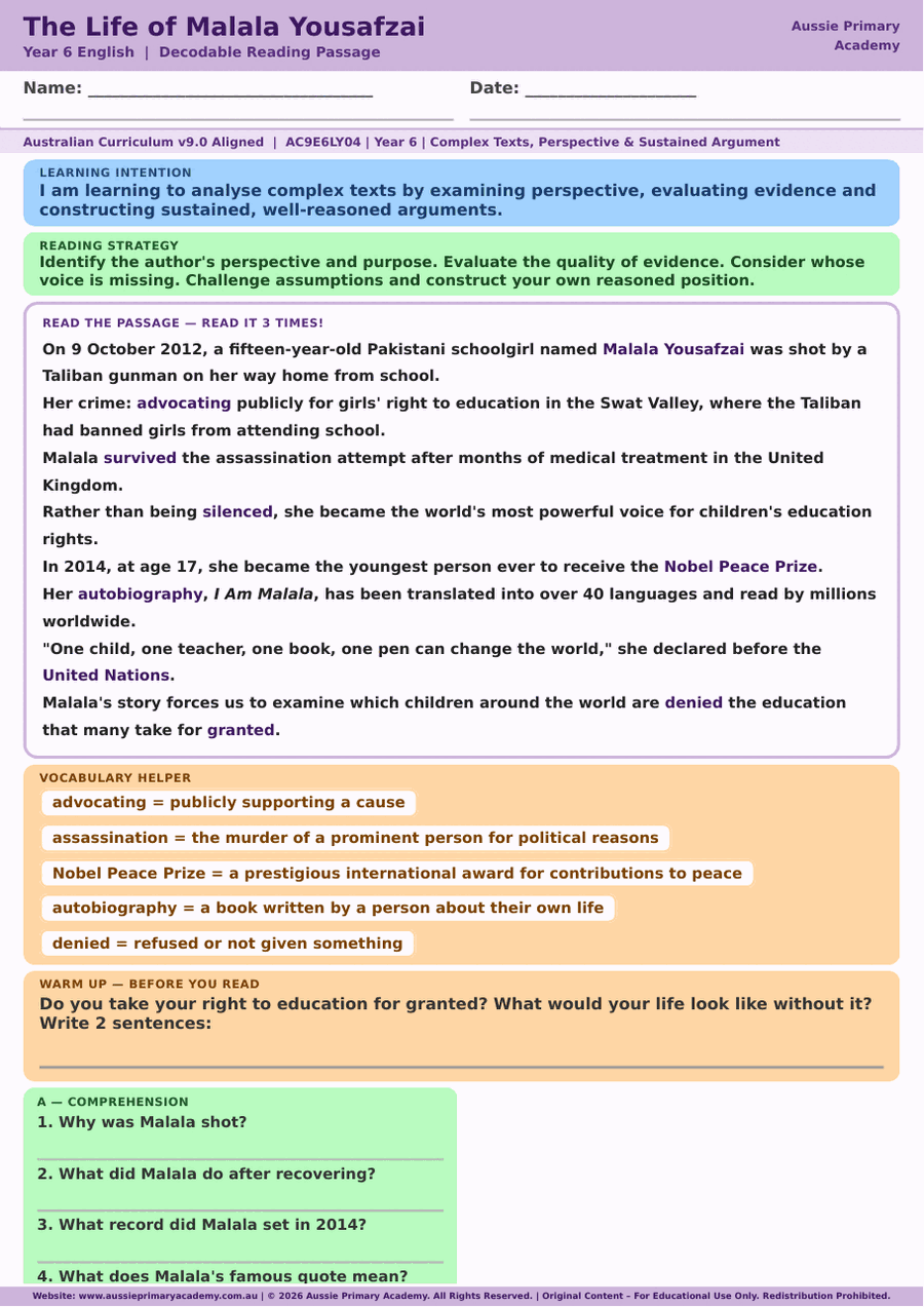 Year 6 Malala Yousafzai reading comprehension worksheet preview