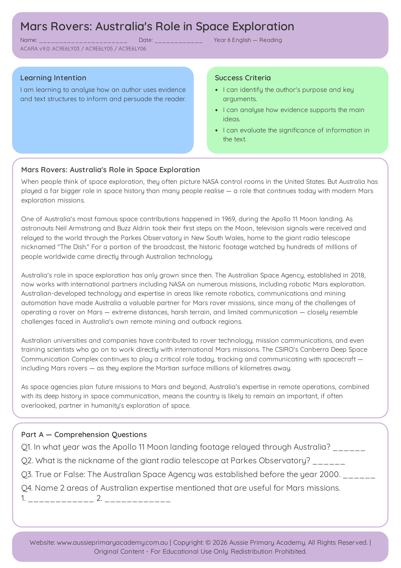 Reading Comprehension Mars Rovers Australias Role In Space Exploration Ac9E6Ly03 Ac9E6Ly05 Ac9E6Ly06 Colour worksheet preview