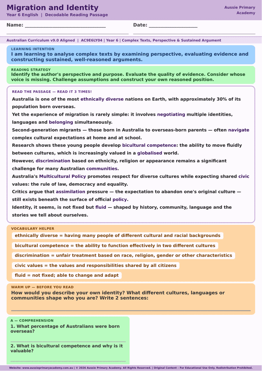 Year 6 Migration and Identity reading comprehension worksheet preview