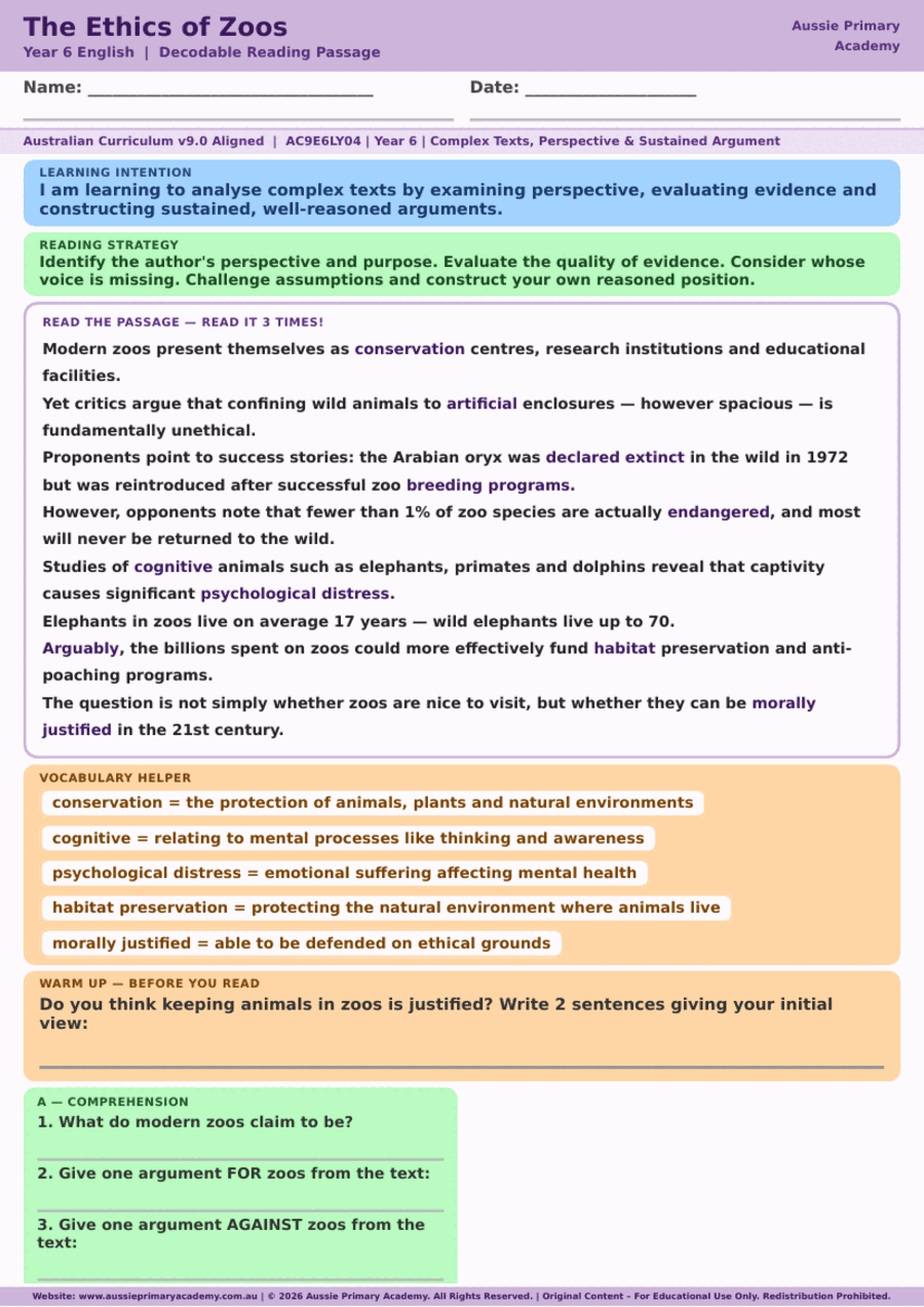 Reading Comprehension The Ethics Of Zoos Ac9E6Ly04 Colour worksheet preview