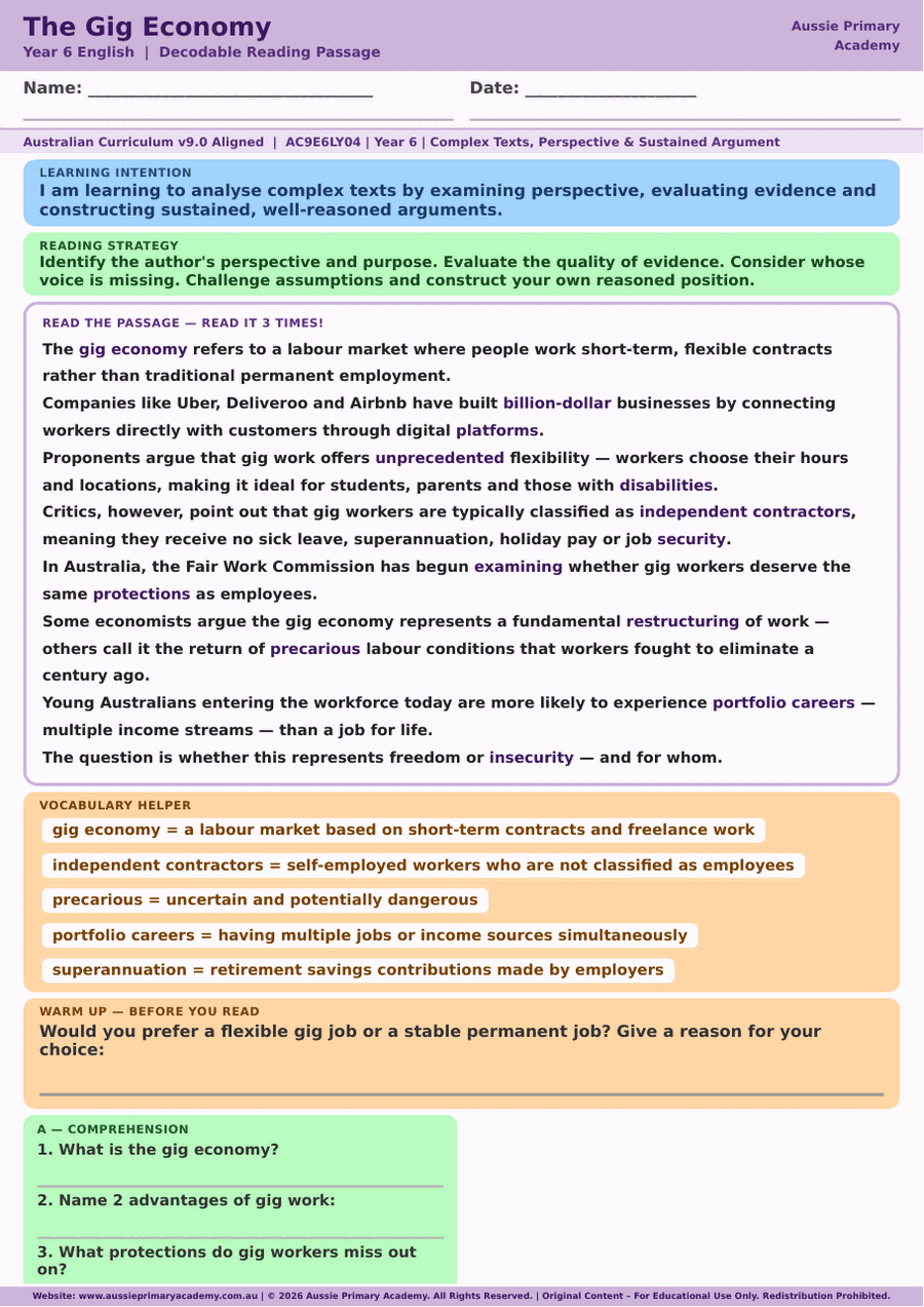Reading Comprehension The Gig Economy Ac9E6Ly04 Colour worksheet preview
