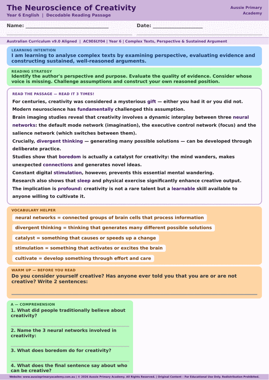 Reading Comprehension The Neuroscience Of Creativity Ac9E6Ly04 Colour worksheet preview