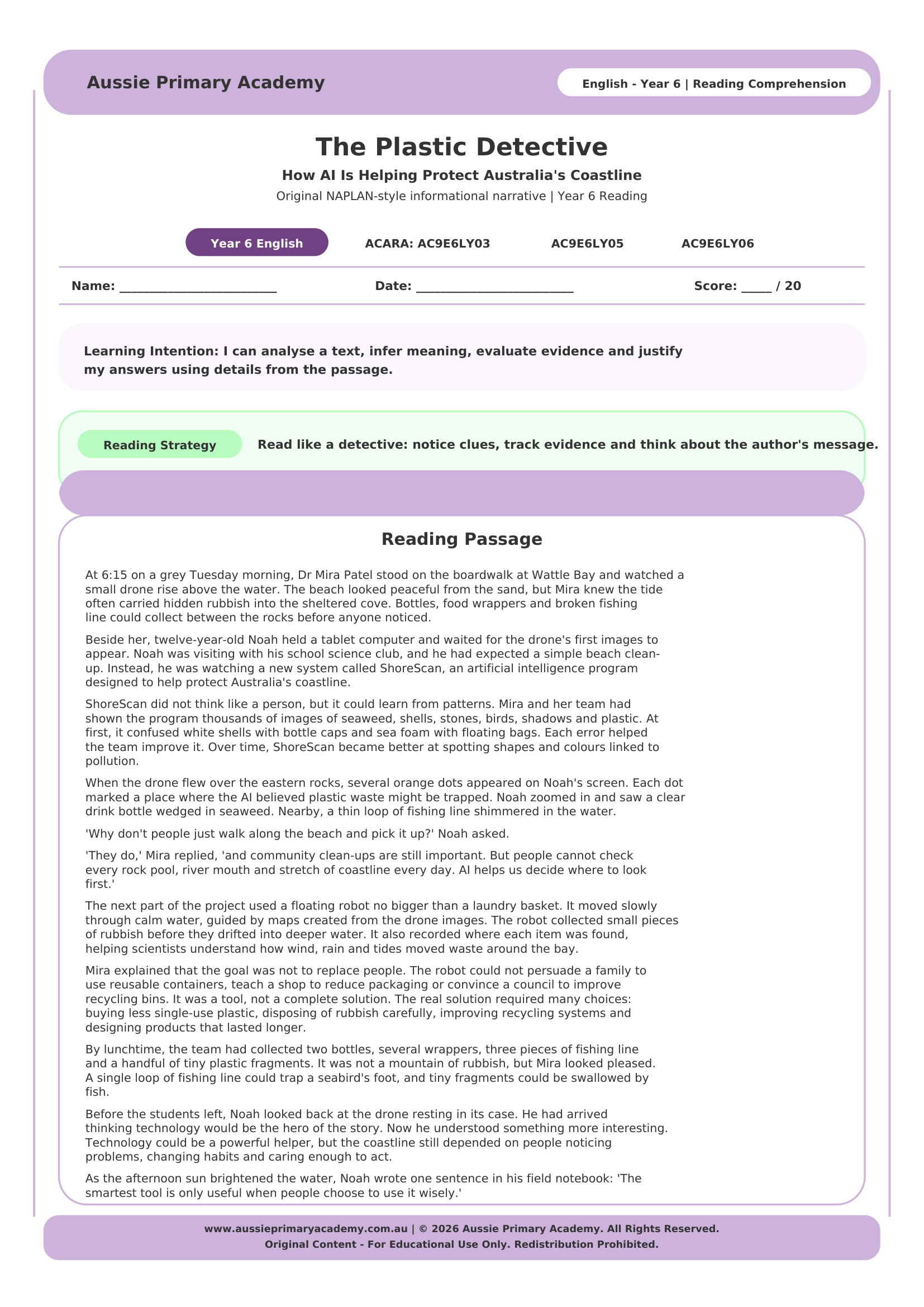 Reading Comprehension The Plastic Detective Ac9E6Ly03 Ac9E6Ly05 worksheet preview