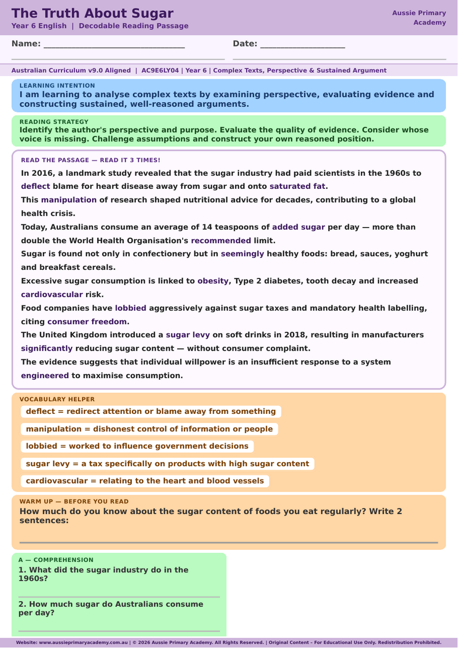 Year 6 The Truth About Sugar reading comprehension worksheet preview