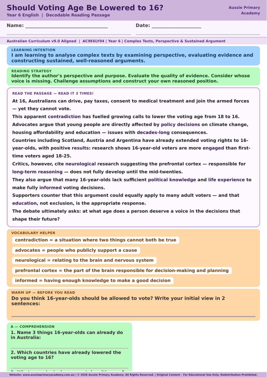 Year 6 Voting Age 16 reading comprehension worksheet preview