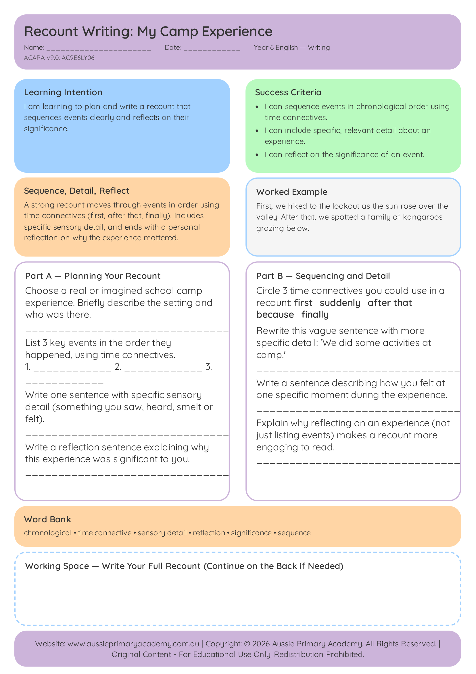 Recount Writing My Camp Experience Ac9E6Ly06 Colour worksheet preview