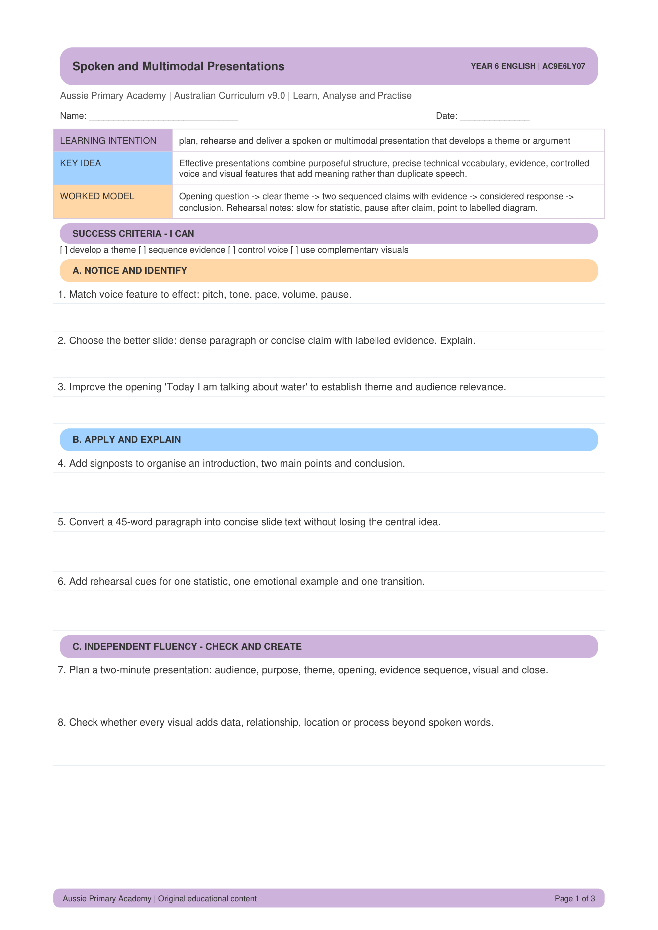 Spoken Multimodal Presentations worksheet preview