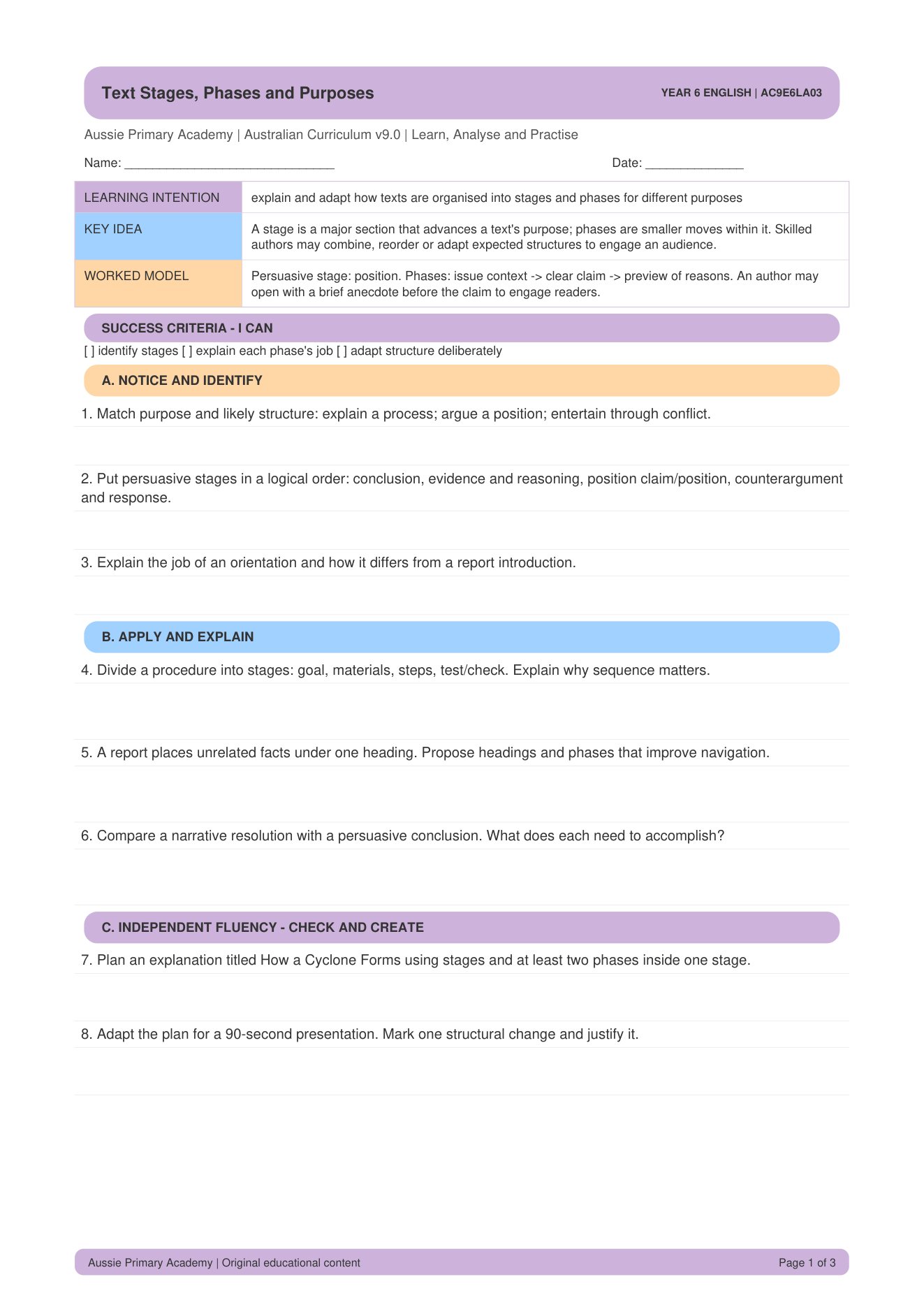 Text Stages Phases Purposes worksheet preview