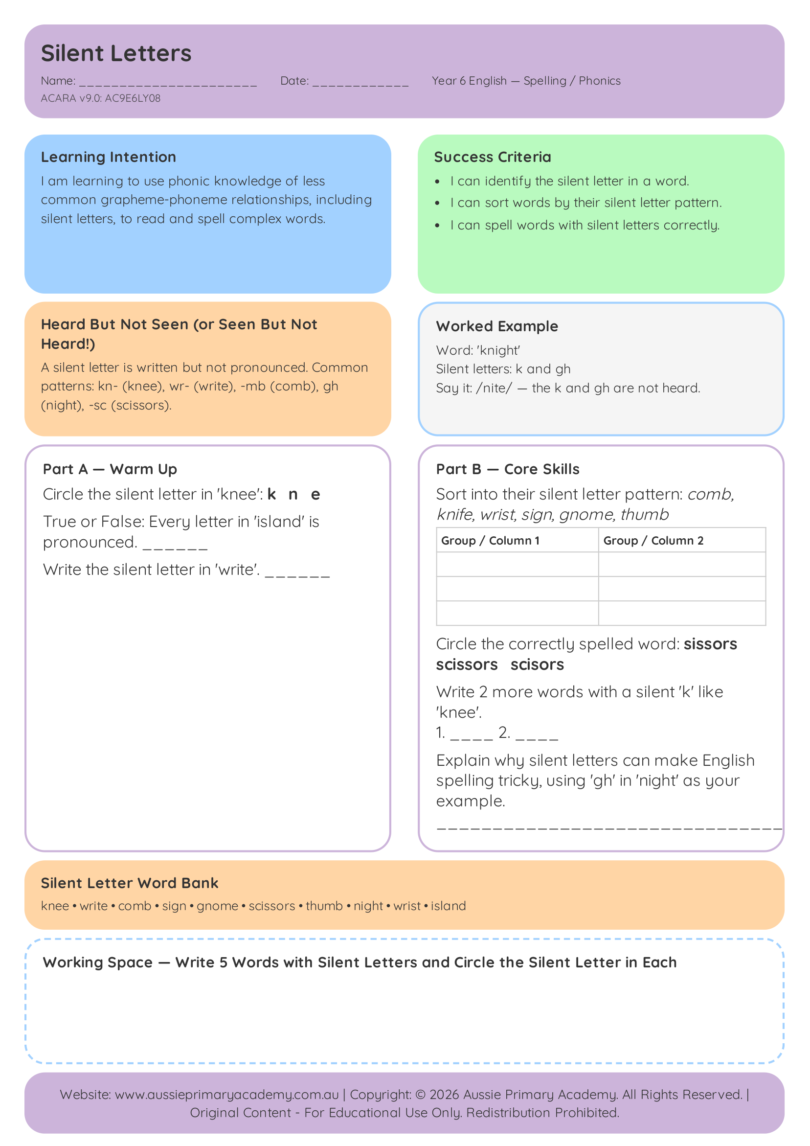 Silent Letters Pdf Colour With Answers worksheet preview