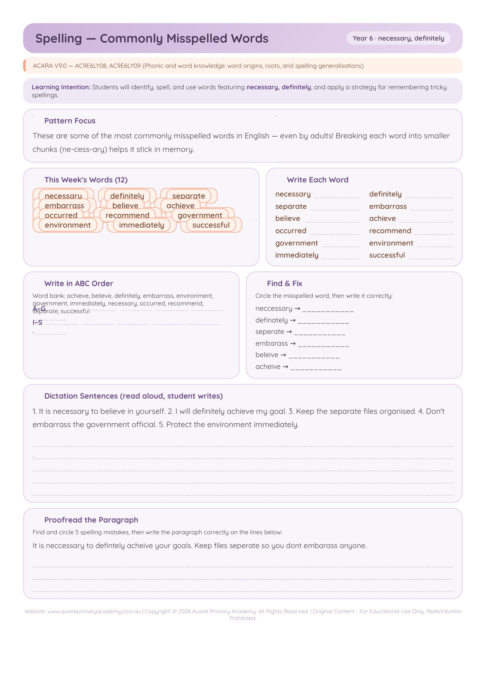 Year 6 Commonly Misspelled Words Preview