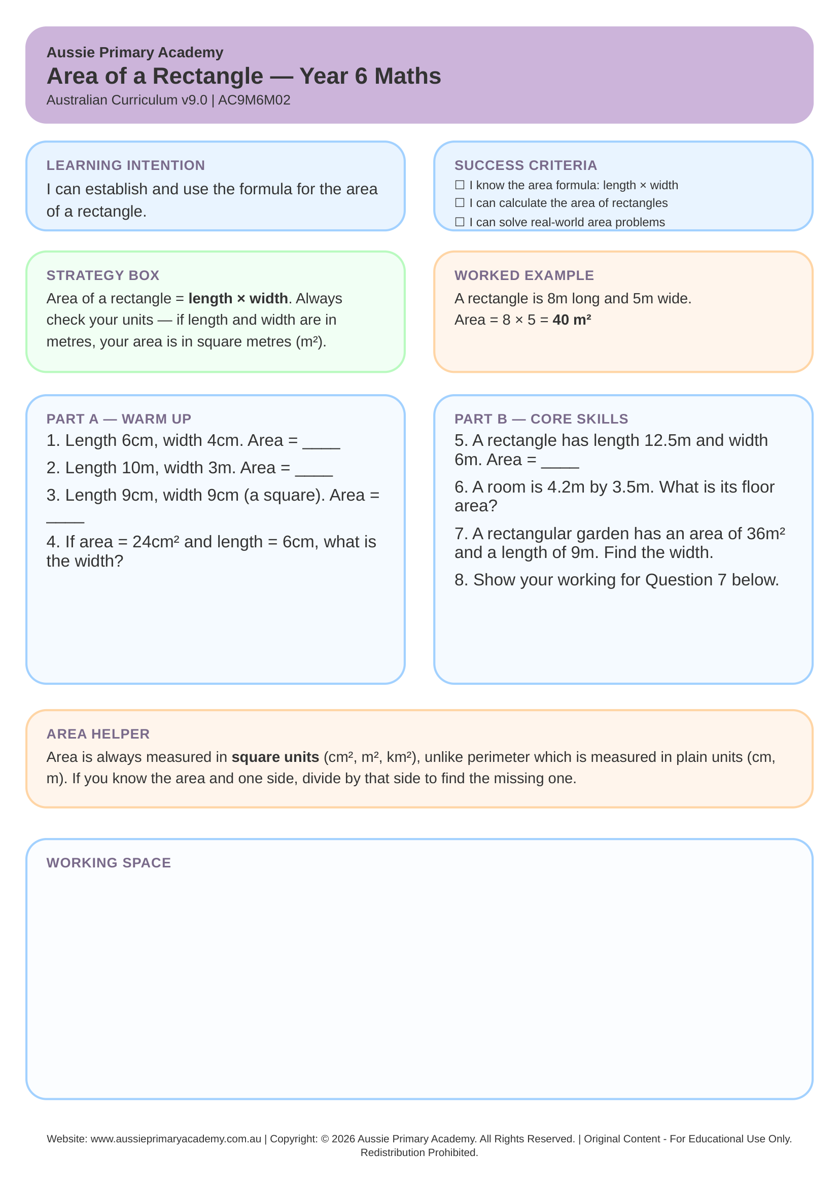 Area Of A Rectangle worksheet preview