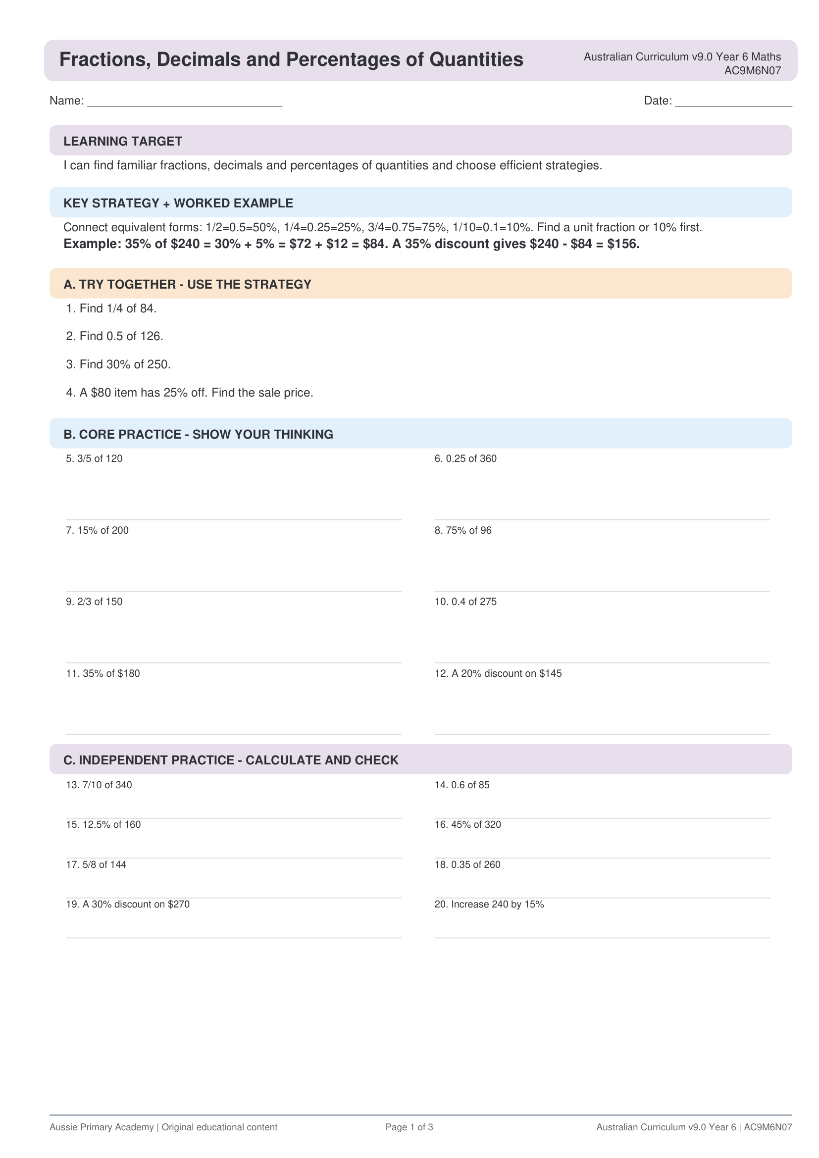 Year 6 Maths FDP Quantities worksheet preview