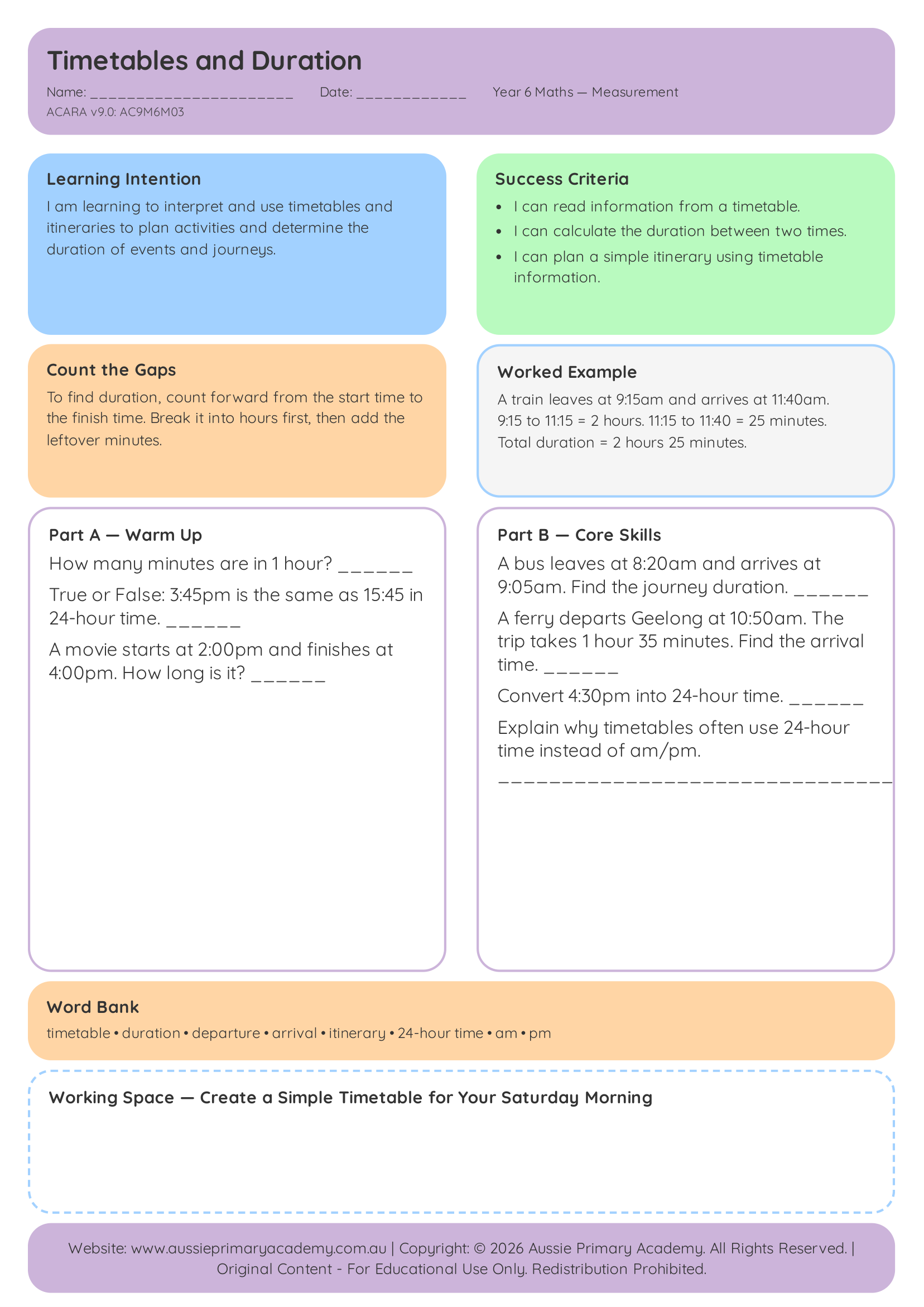 Timetables And Duration Ac9M6M03 Colour worksheet preview