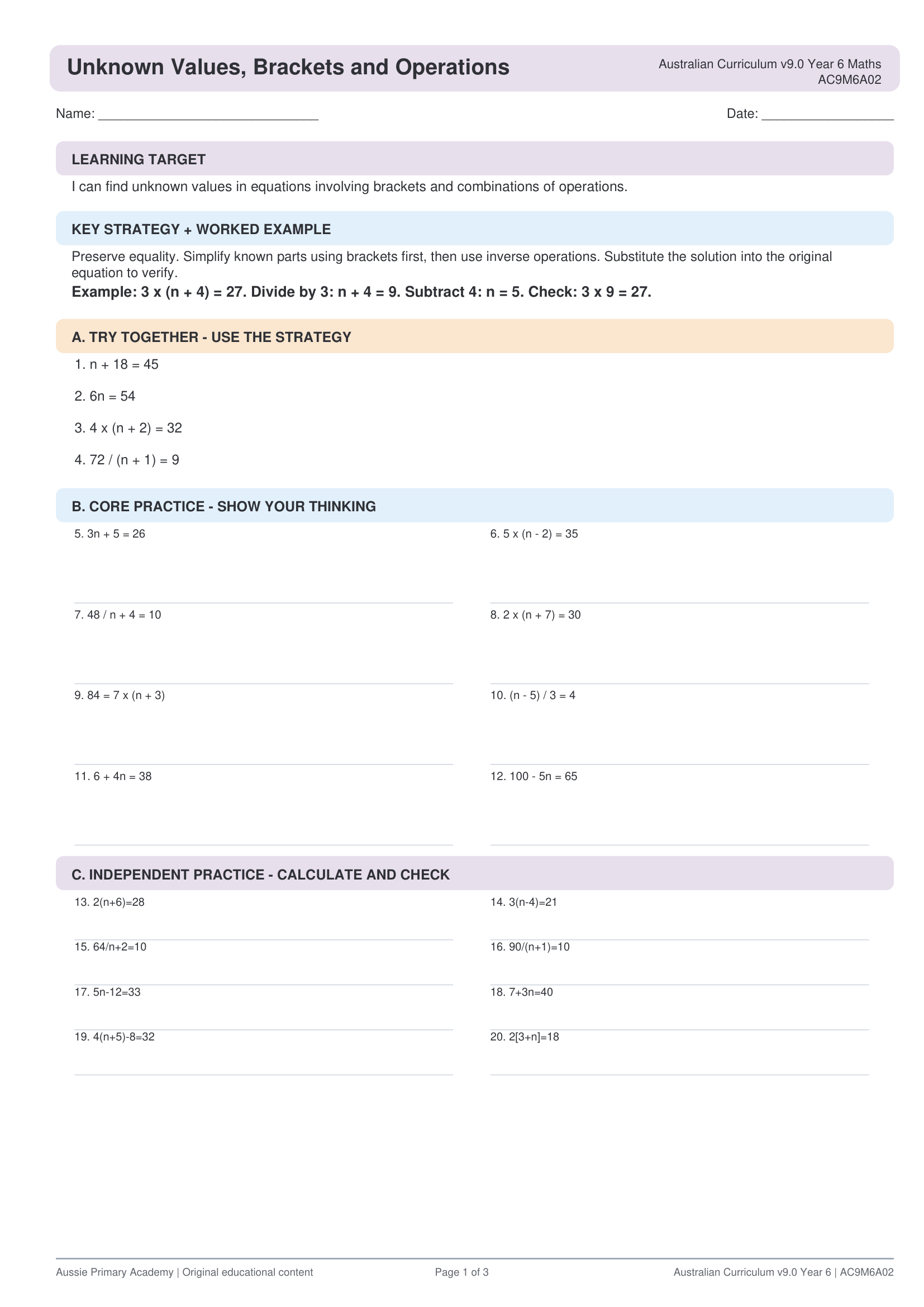 Year 6 Maths Unknown Values Brackets Operations worksheet preview