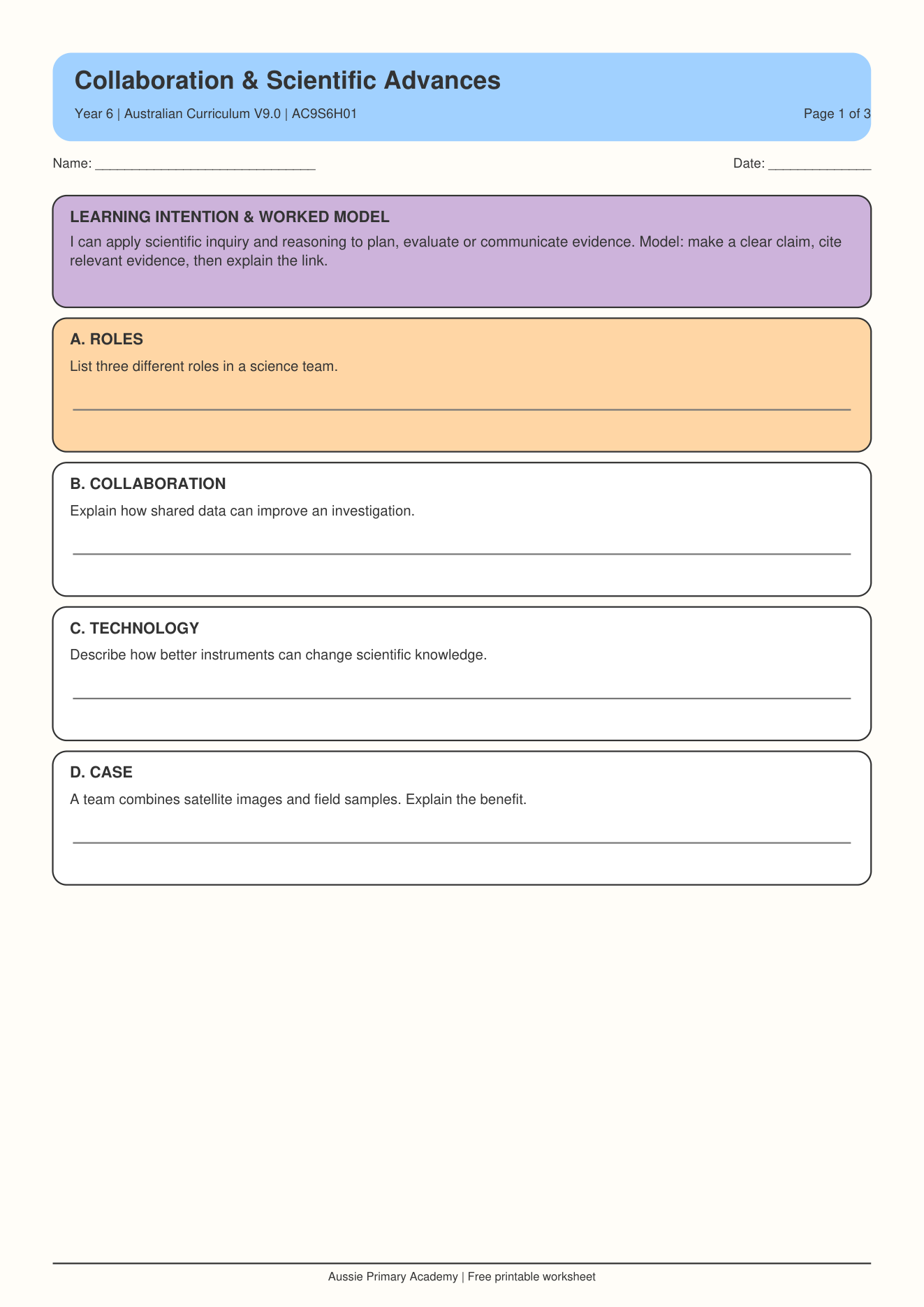 Year 6 Science collaboration and scientific advances worksheet preview