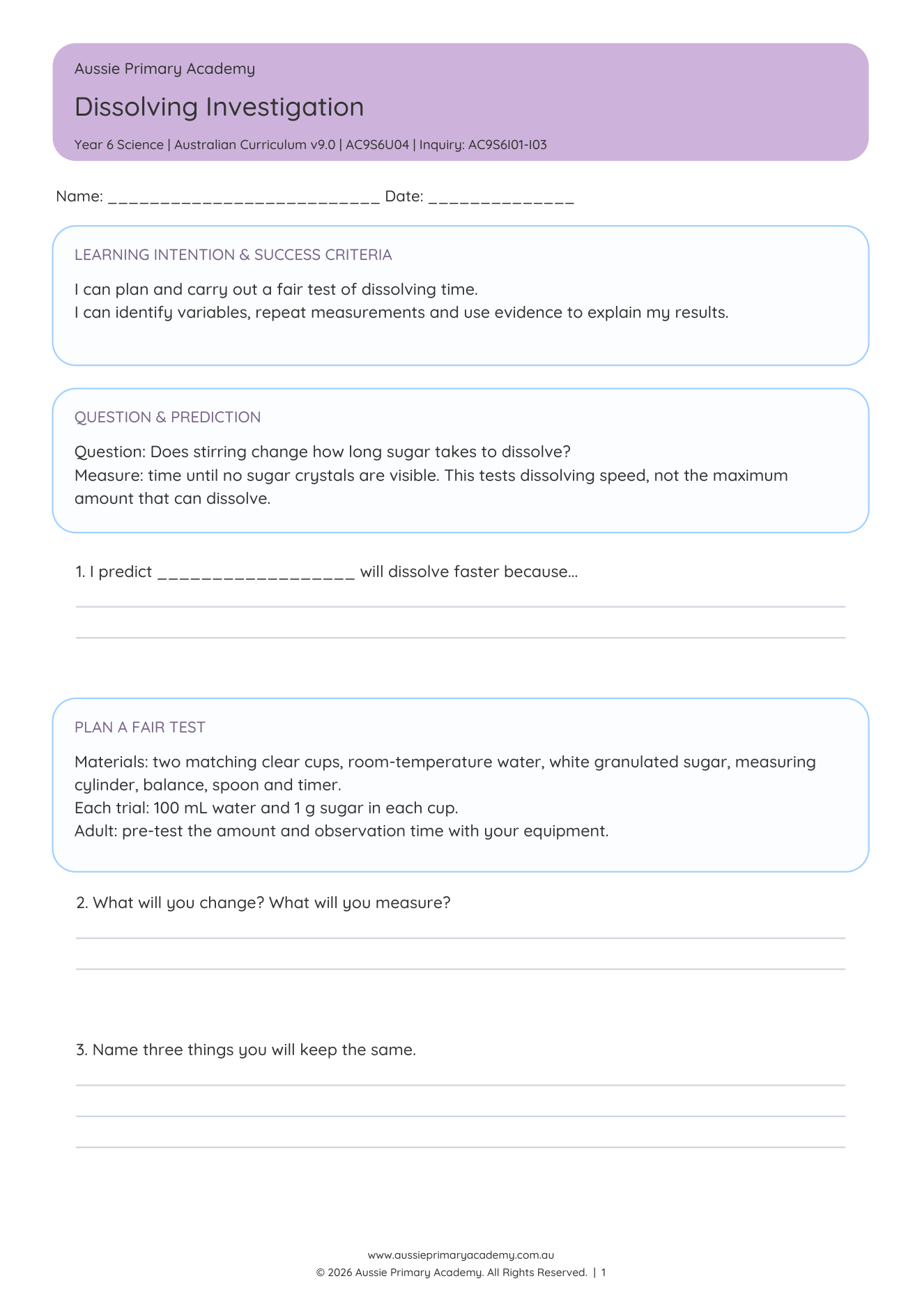 Year 6 Dissolving Investigation Science worksheet preview