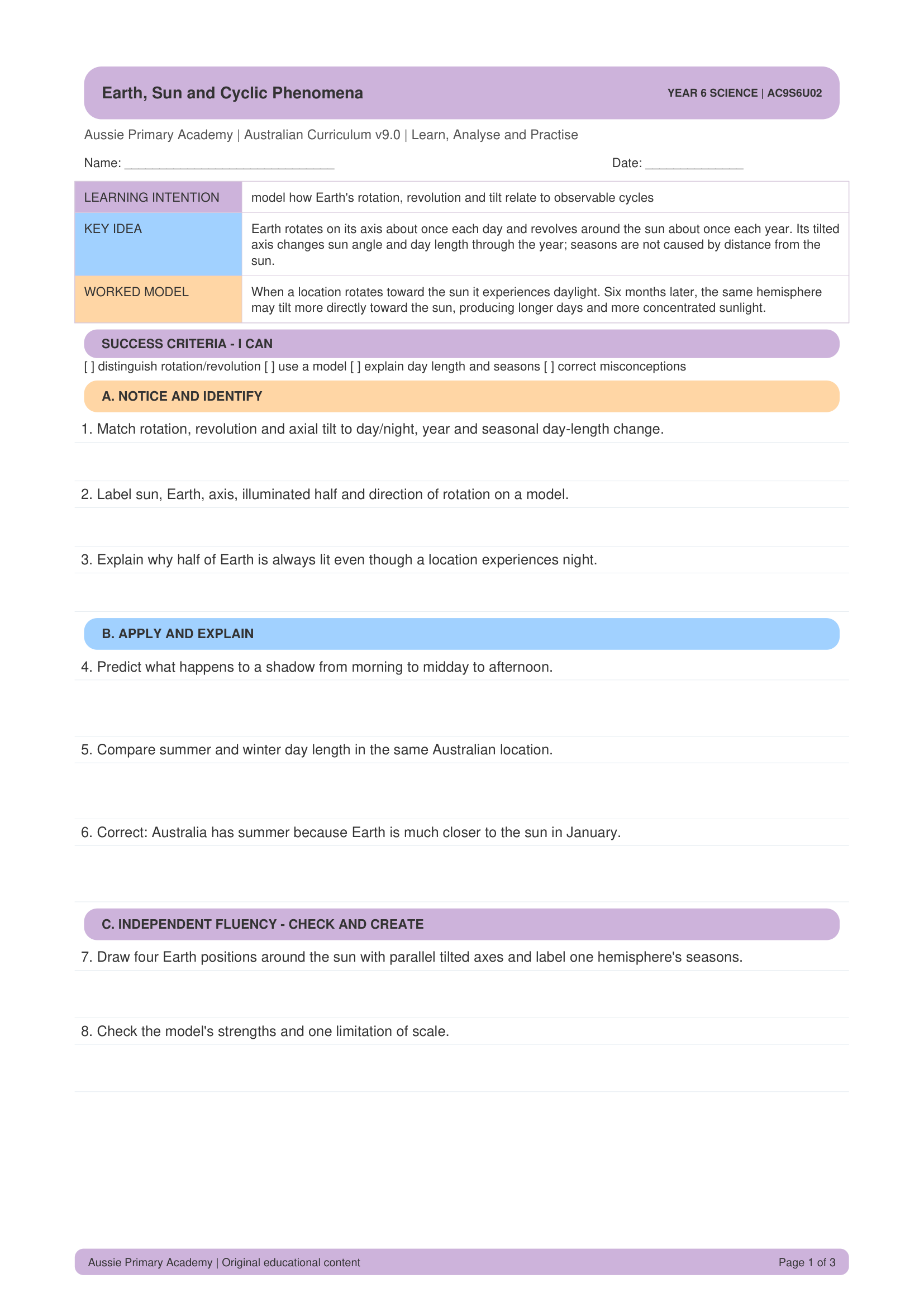 Earth Sun Planets Cyclic Phenomena worksheet preview
