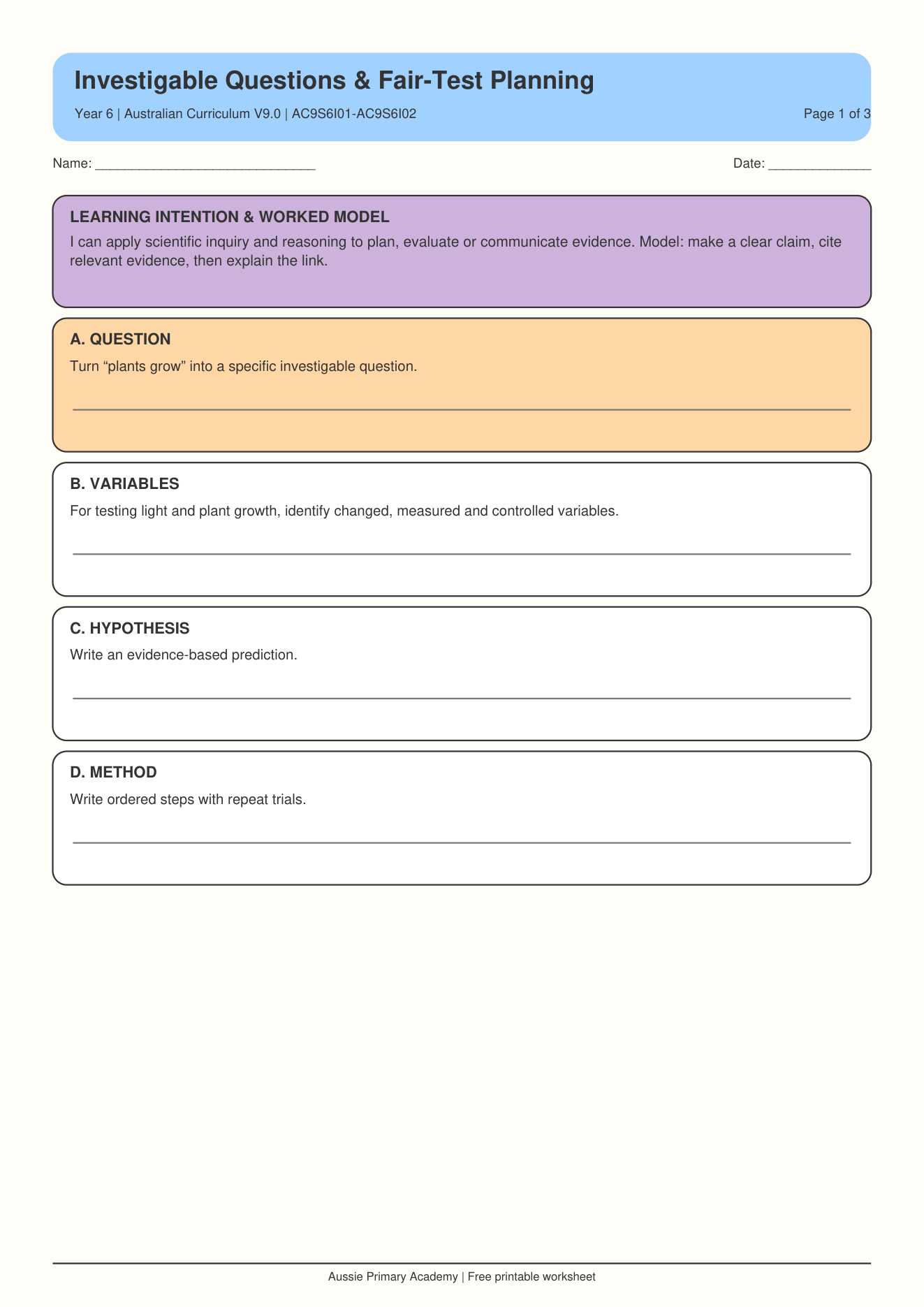 Year 6 Investigable Questions and Fair-Test Planning Science worksheet preview