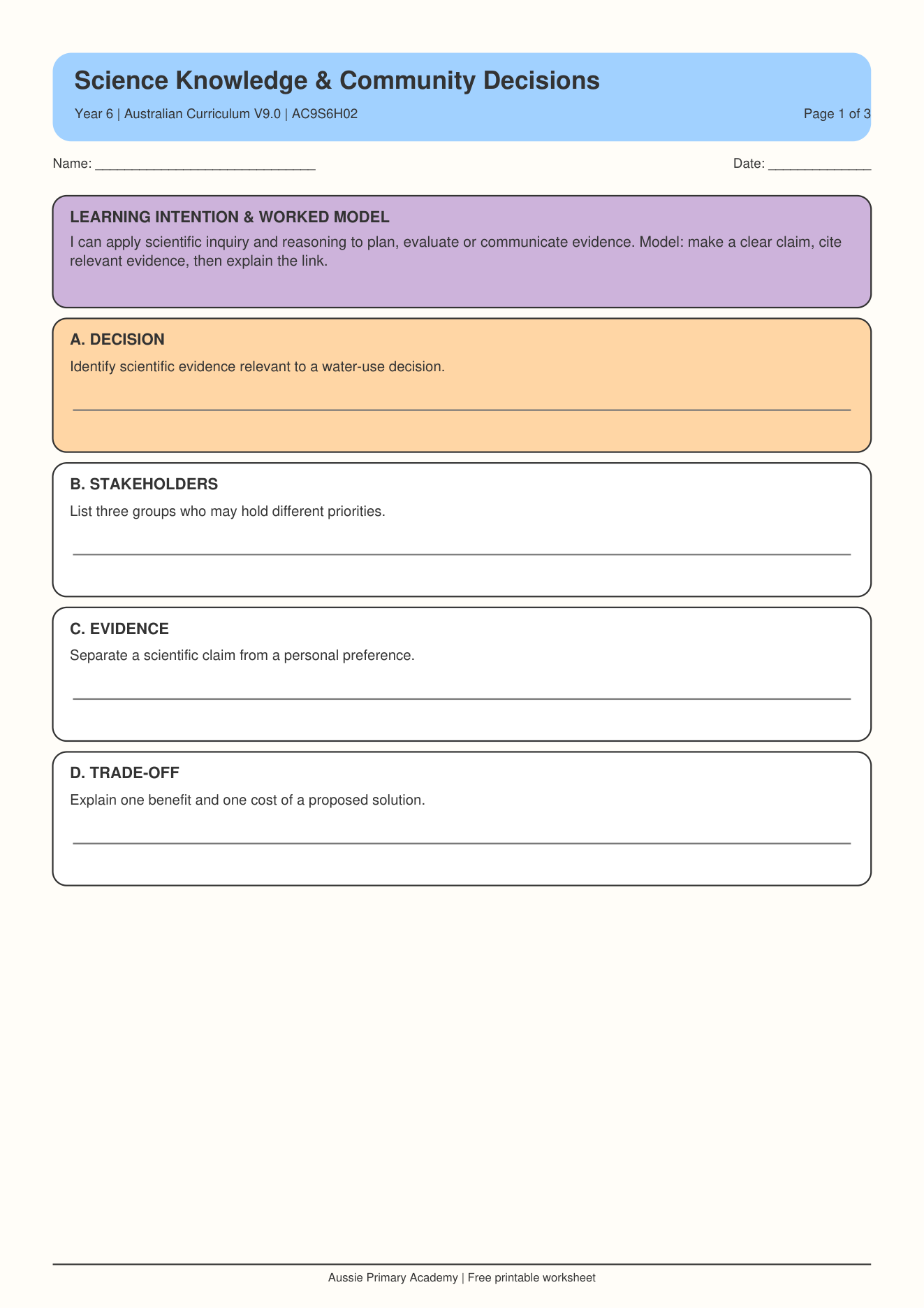 Year 6 Scientific Knowledge and Community Decisions worksheet preview