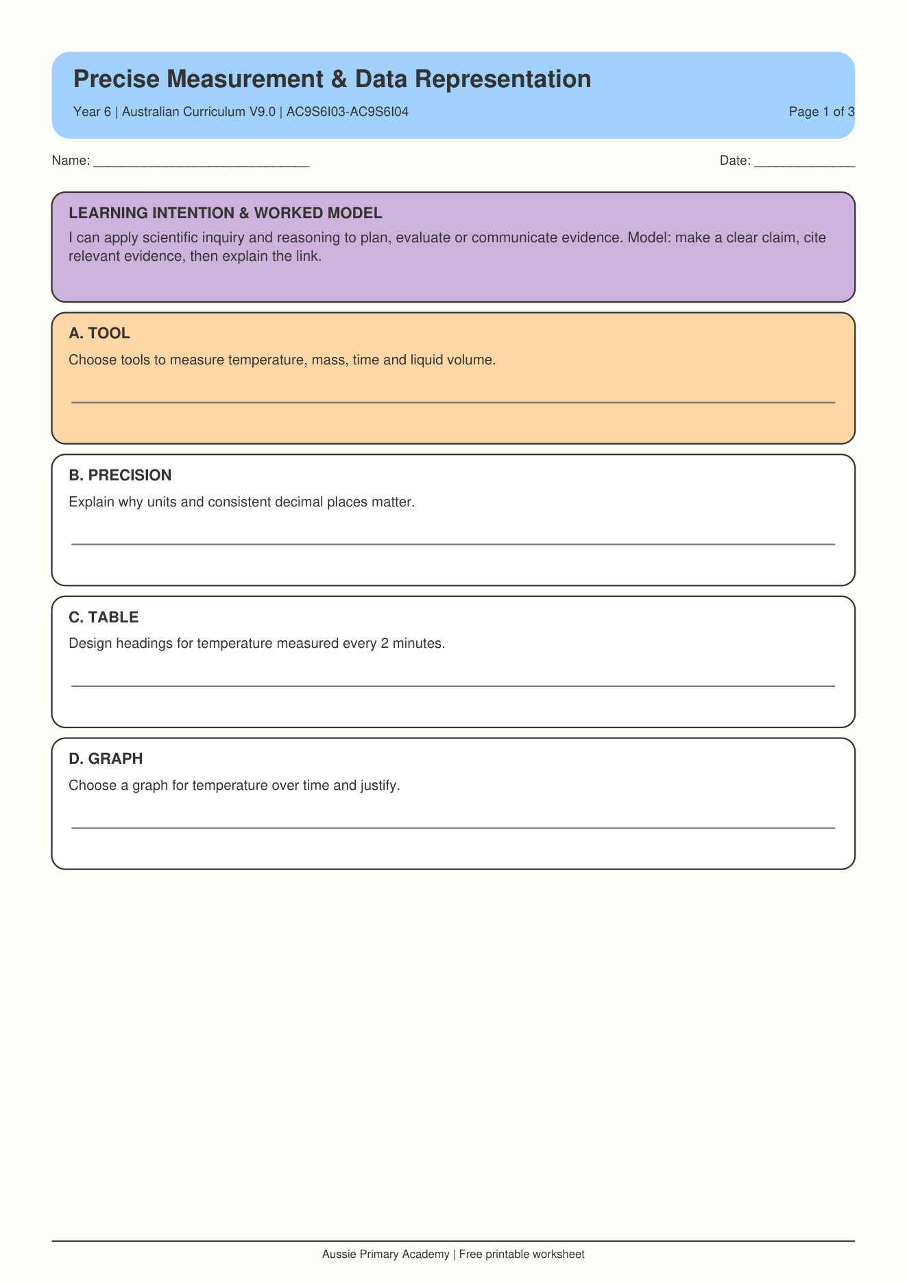 Year 6 Measurement and Data Representation Science worksheet preview