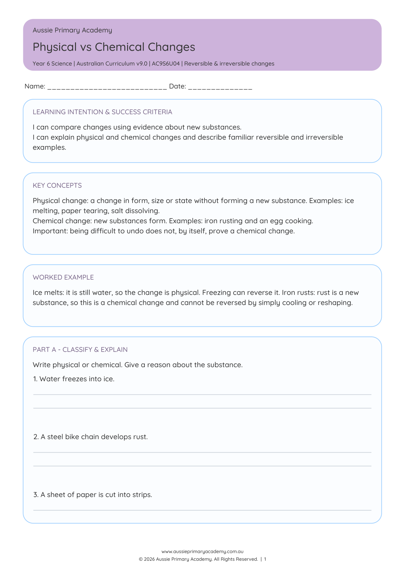 Year 6 Physical vs Chemical Changes Science worksheet preview